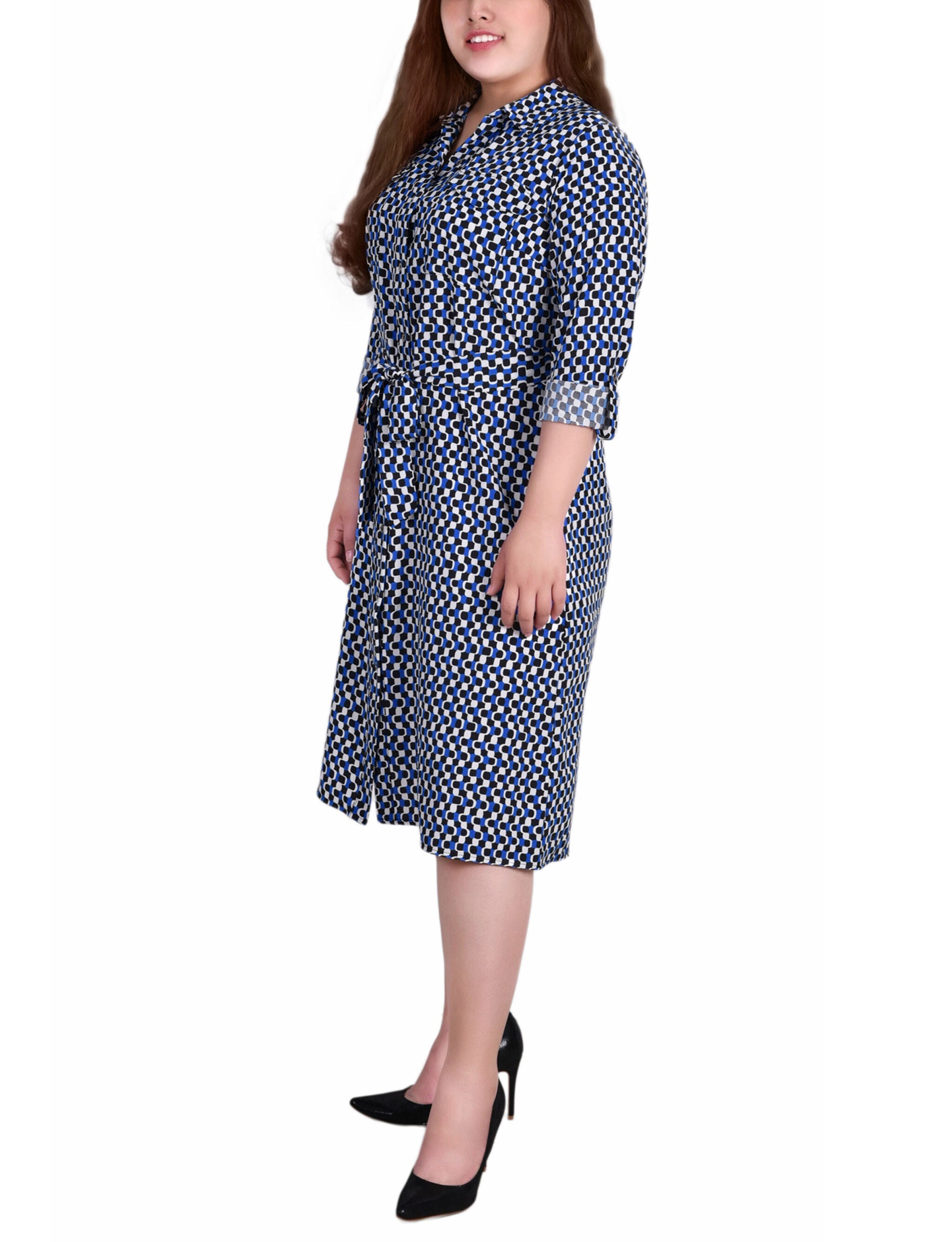 3/4 Roll Tab Sleeve Belted Shirtdress, Blue Black White Geo, alternate image number 1