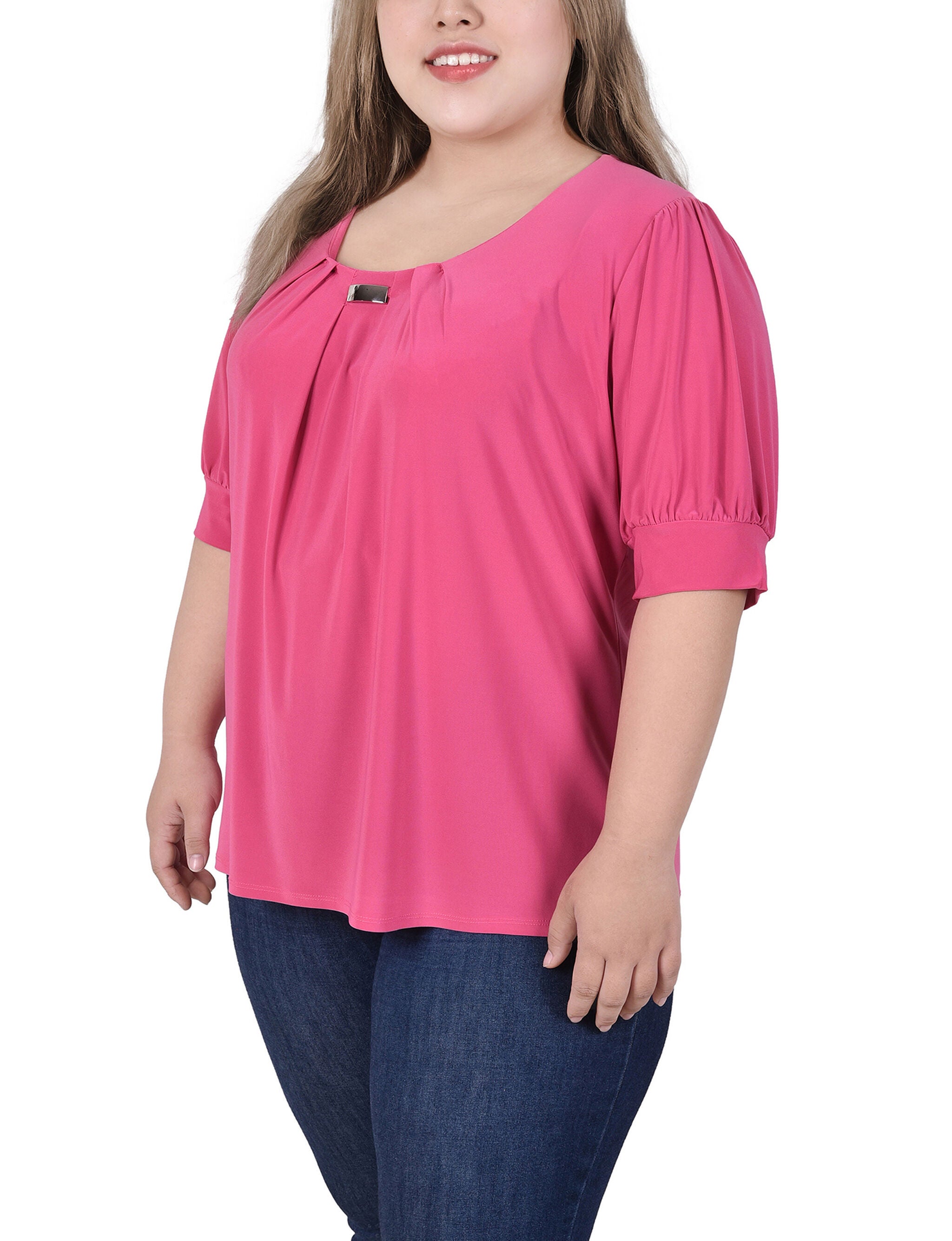 Short Sleeve Balloon Sleeve Top With Hardware, Magenta, alternate image number 1