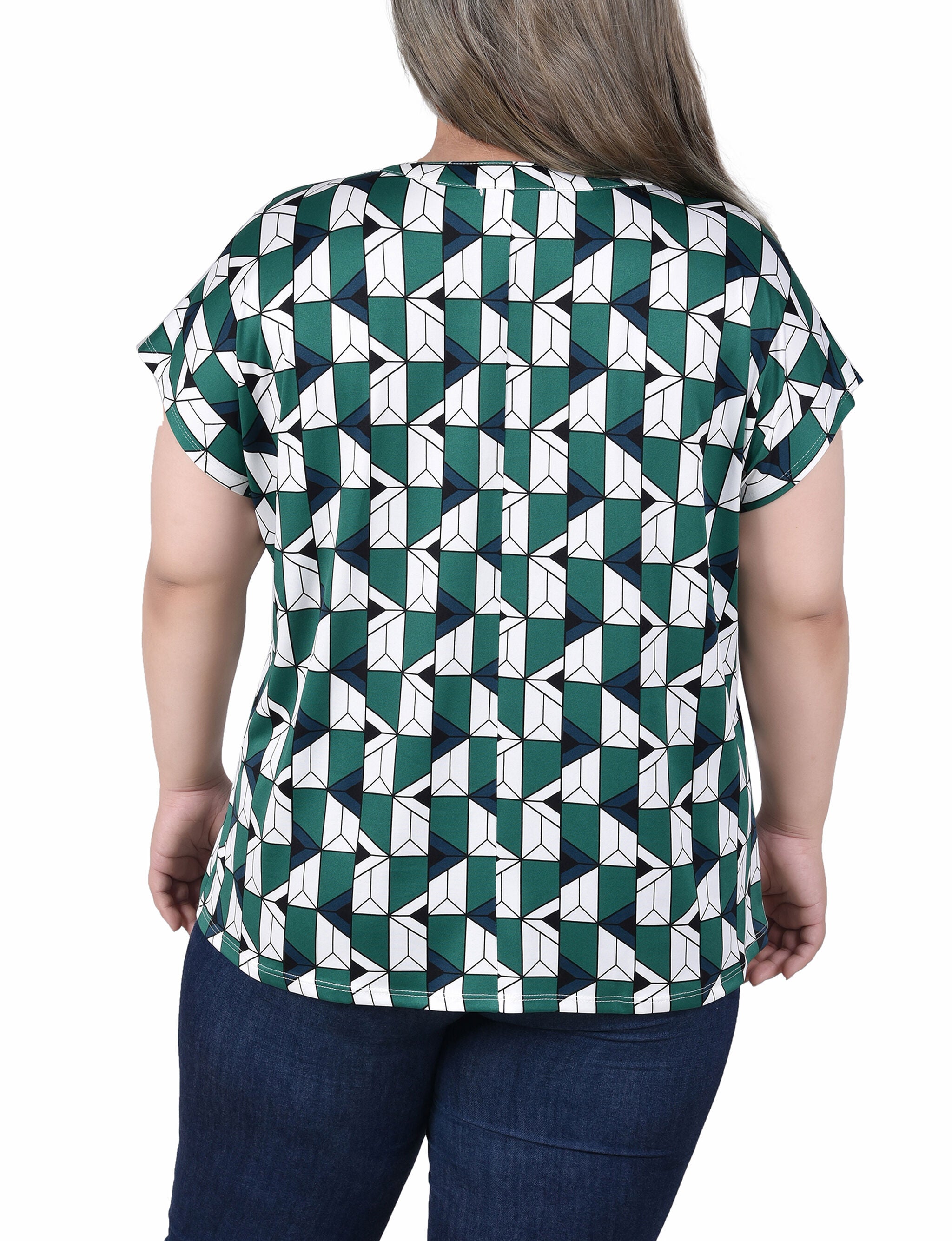Extended Sleeve Top With Grommets, Kelly Green Ivory Geo Link, alternate image number 2
