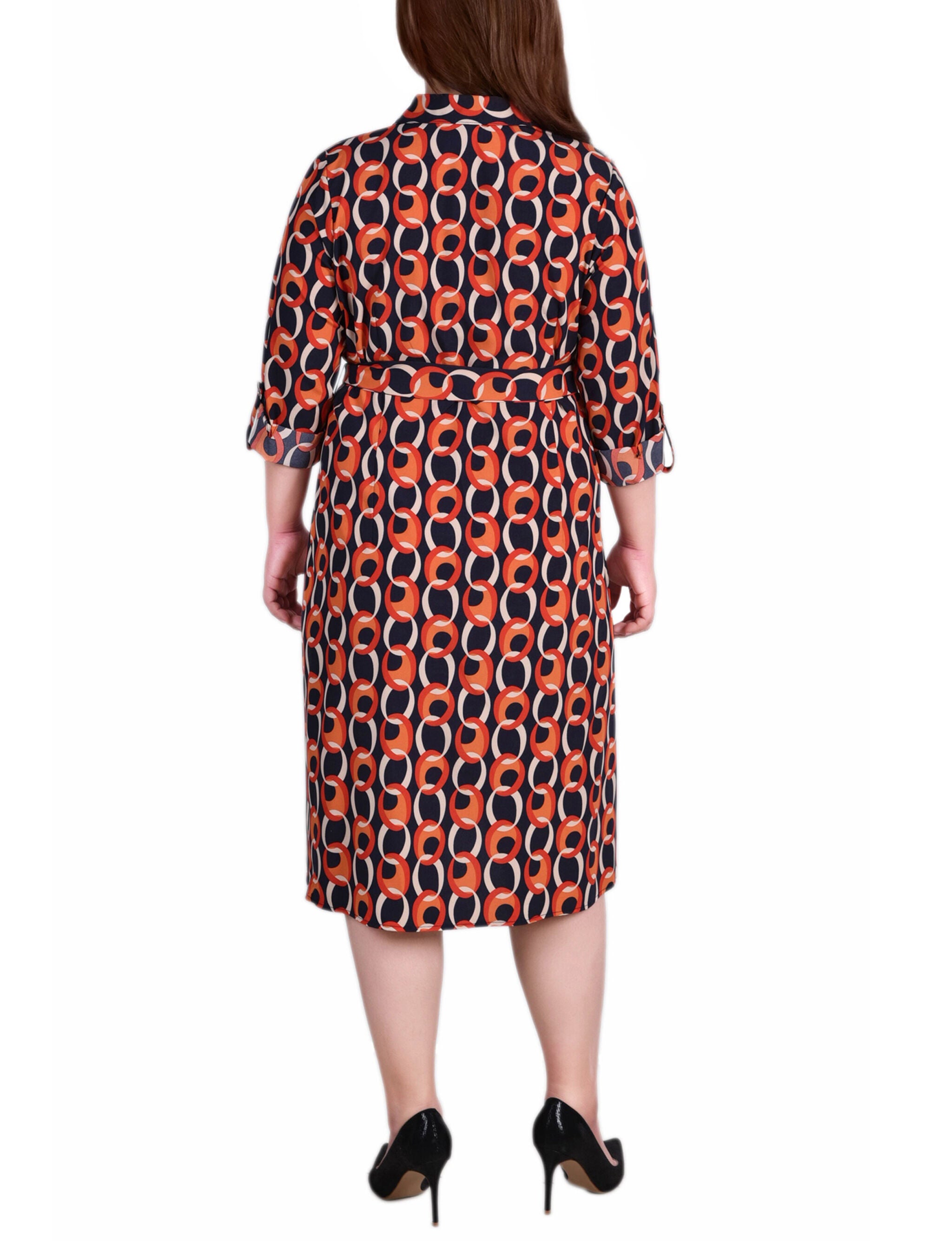 3/4 Roll Tab Sleeve Belted Shirtdress, Black Red Circle Chain, alternate image number 2