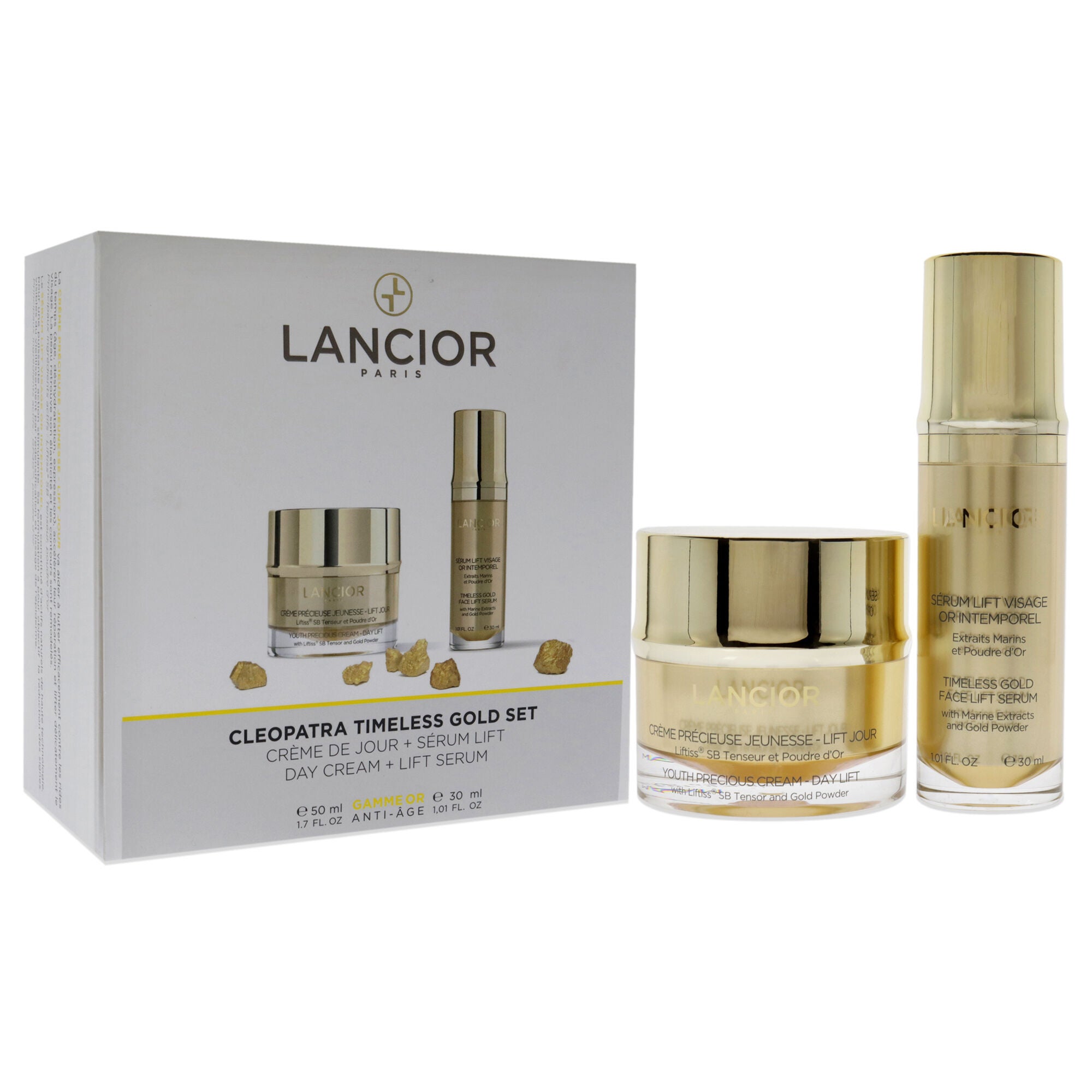 Timeless Gold Cleopatra Set by Lancior for Unisex - 2 Pc 1.7oz Youth Precious Cream - Day Lift, 1oz Timeless Gold Face Lift Serum, See Description, alternate image number 1