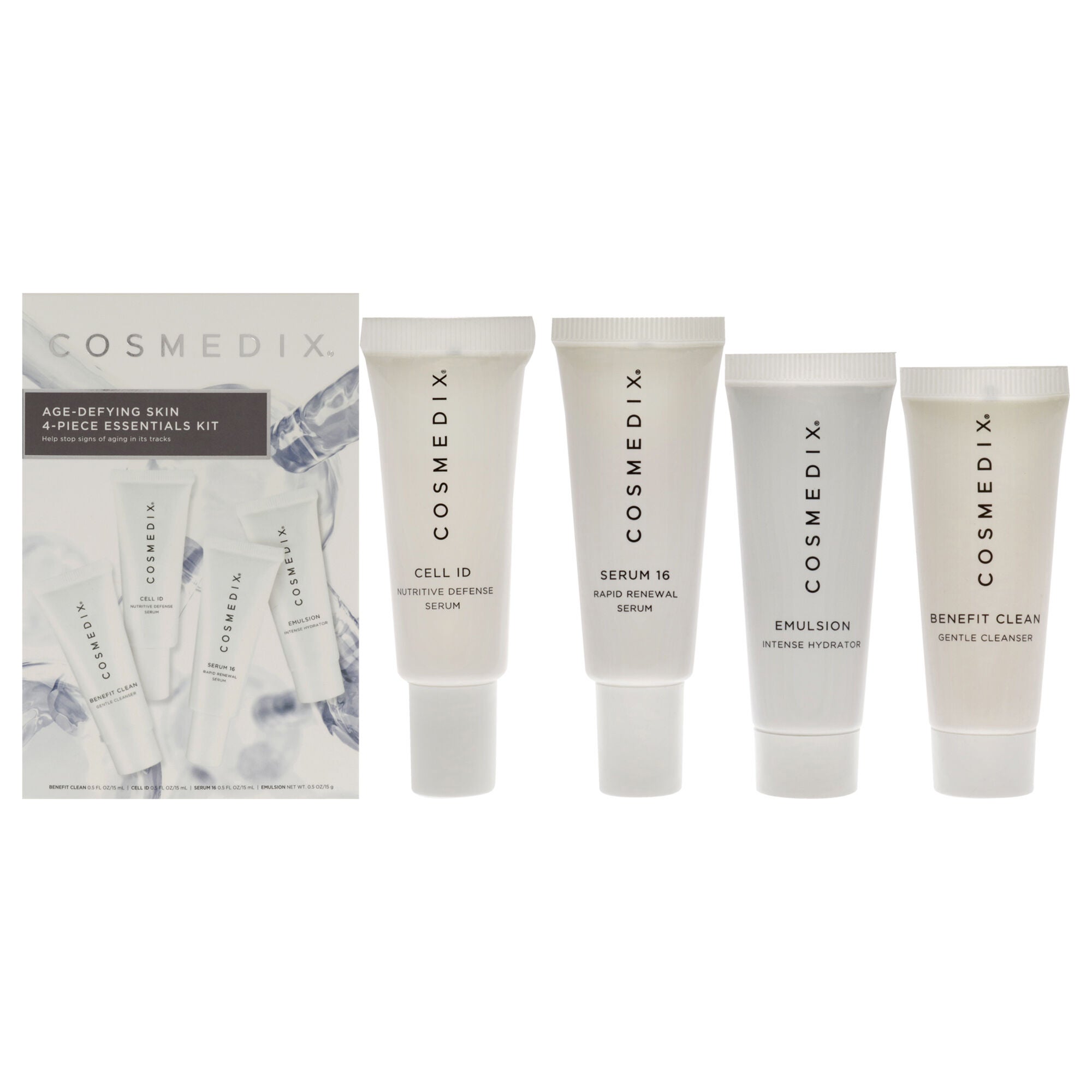 Age-Defying Skin Essentials Kit by Cosmedix for Unisex - 4 Pc 0.5oz Benefit Clean, 0.5oz Cell ID, 0.5oz Serum 16, 0.5oz Emulsion, See Description, hi-res image number 0