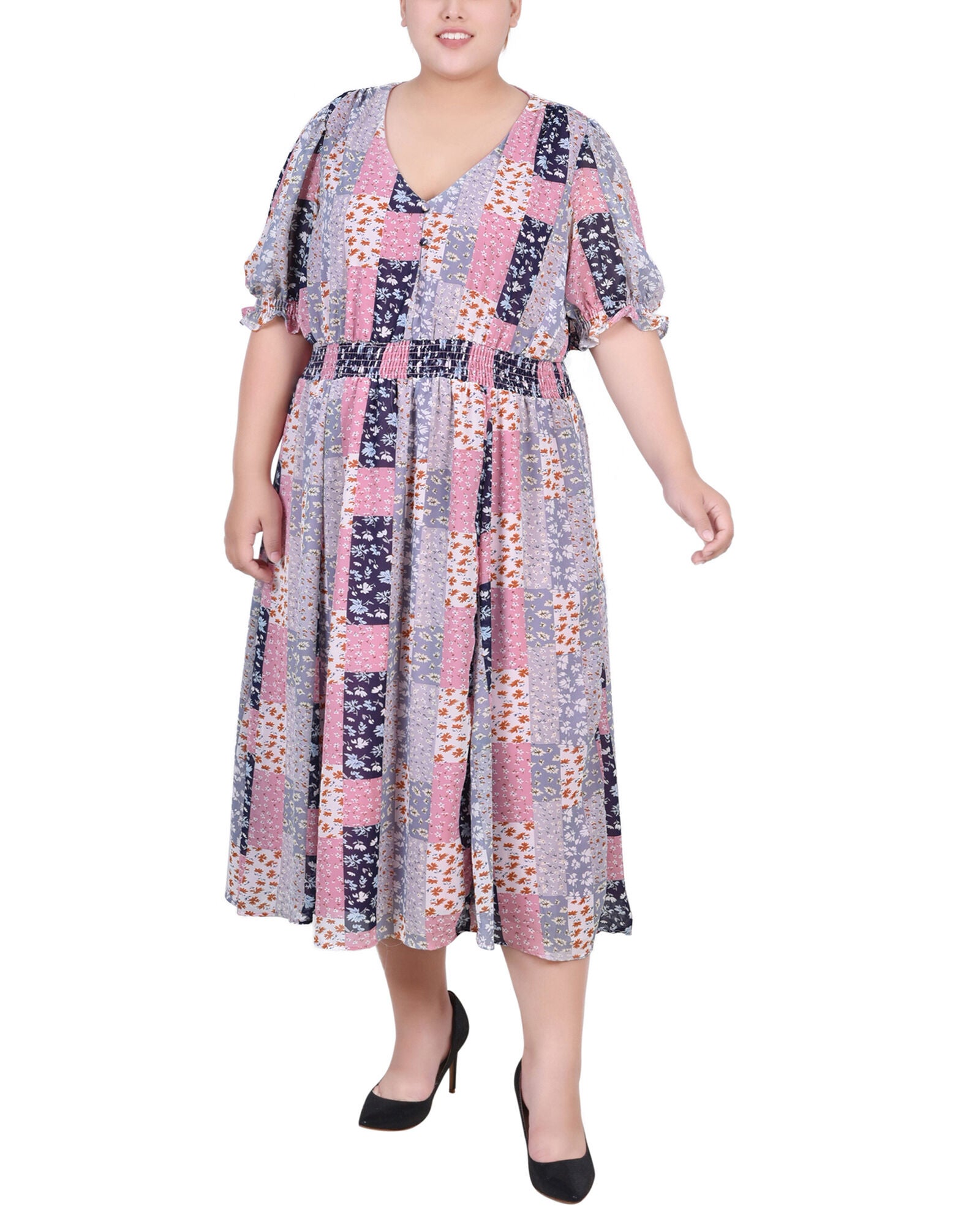 Short Puff Sleeve Chiffon Dress, MauveFloralPatchwork, hi-res image number 0