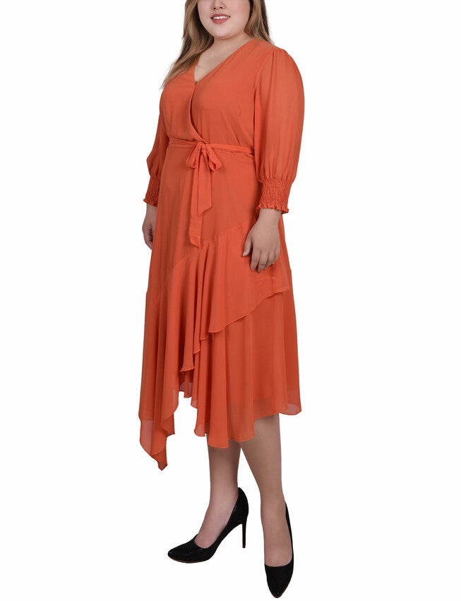 3/4 Sleeve Belted Chiffon Hankerchief Hem Dress, Orange Rust, alternate image number 1
