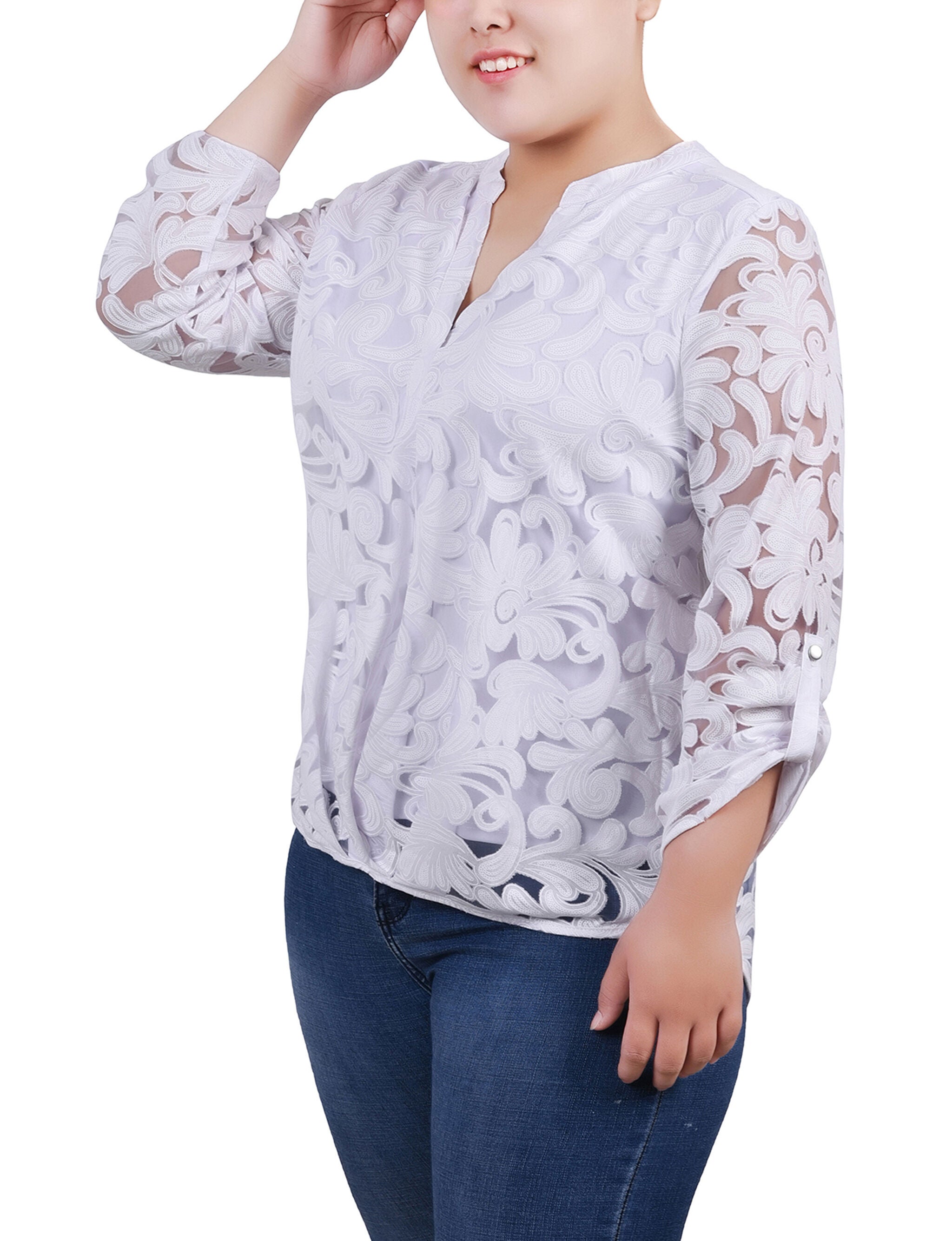 Long Sleeve Burnout Y Neck Blouse, White Scrolleaf, alternate image number 2