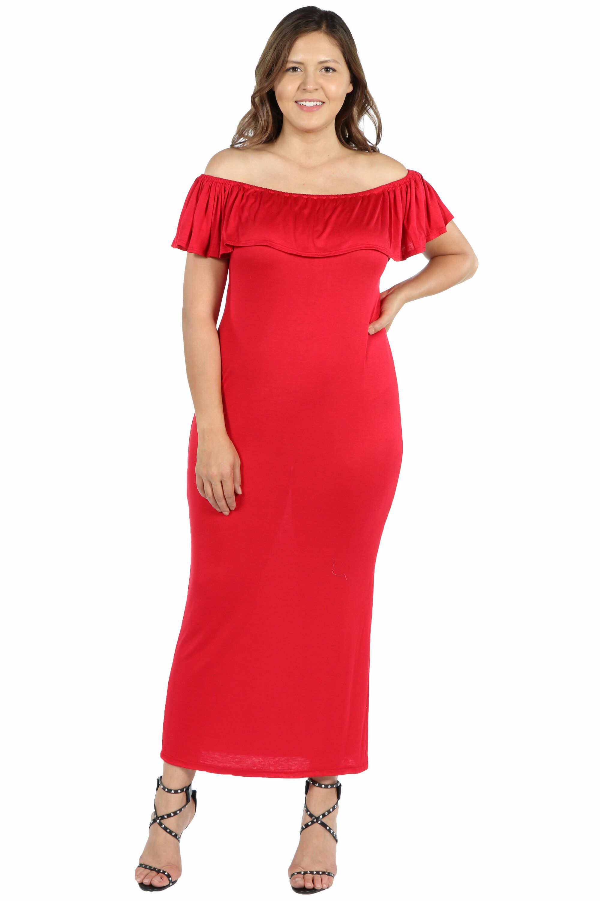 Ruffle Off The Shoulder Plus Size Maxi Dress, Red, hi-res image number 0