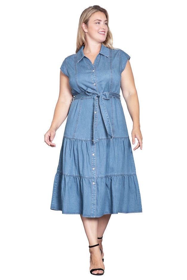 A-Line Tiered Denim Midi Dress, Blue Rinse / Light Blue, hi-res image number null