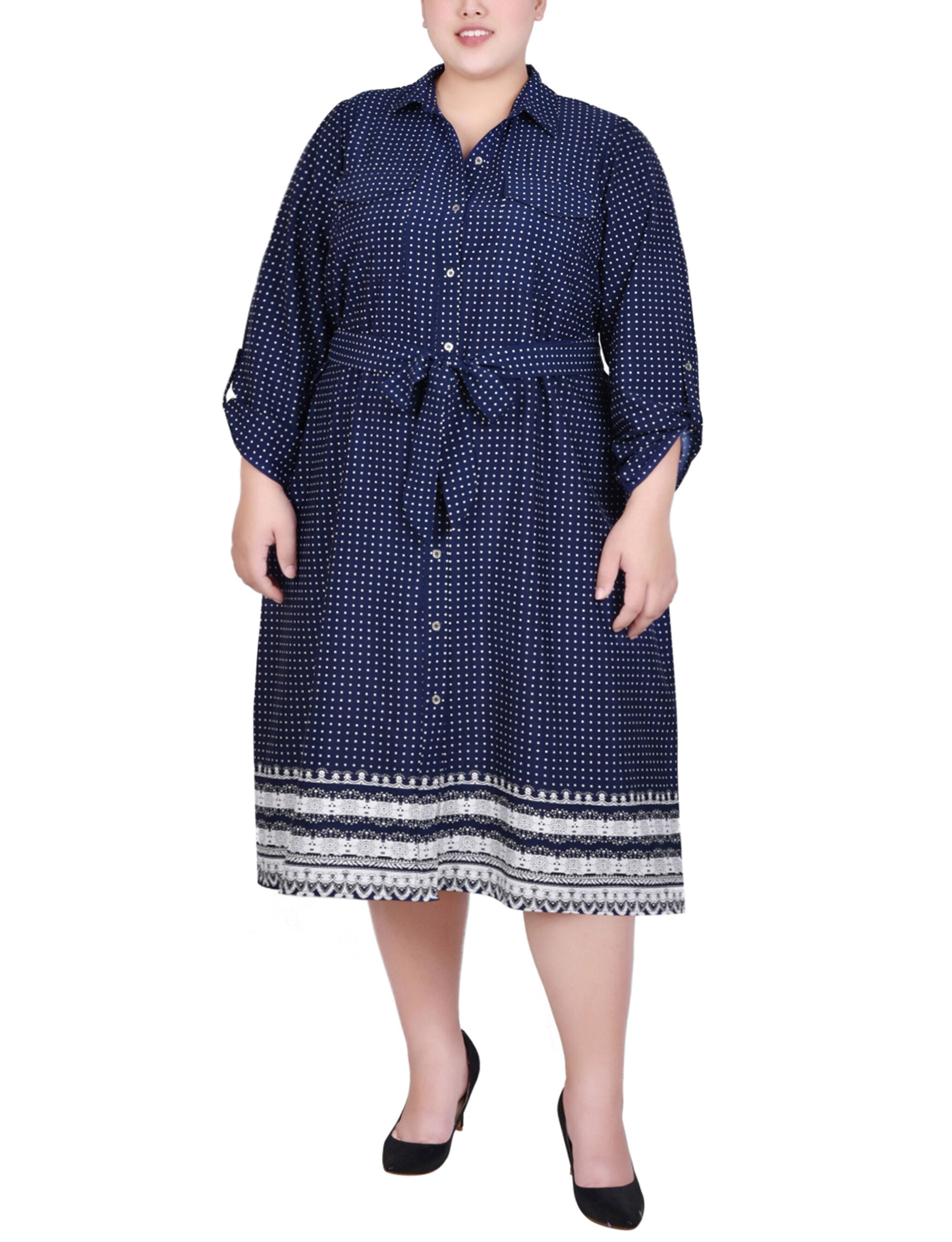 3/4 Roll Tab Sleeve Belted Shirtdress, Navy Border, hi-res image number 0