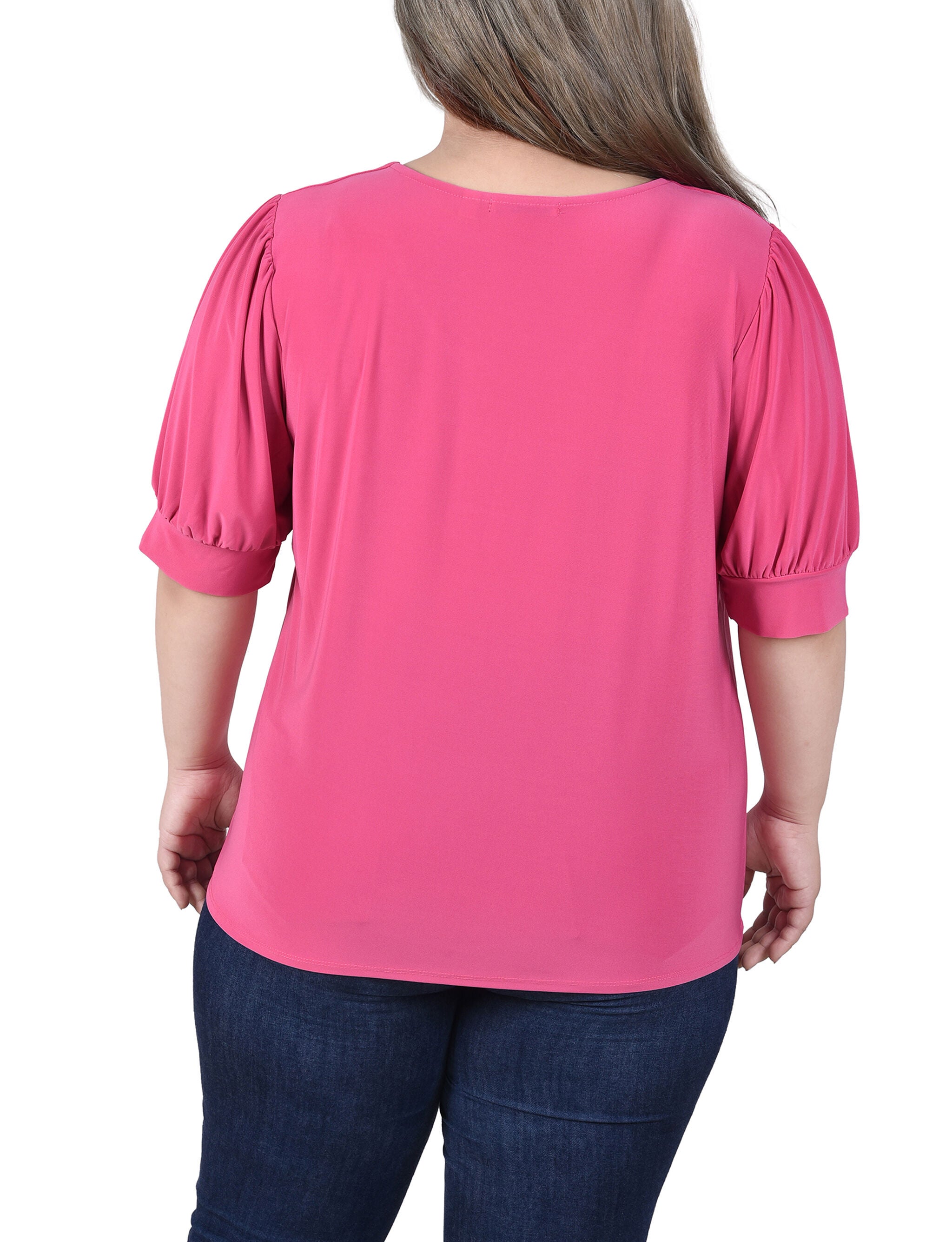 Short Sleeve Balloon Sleeve Top With Hardware, Magenta, alternate image number 2
