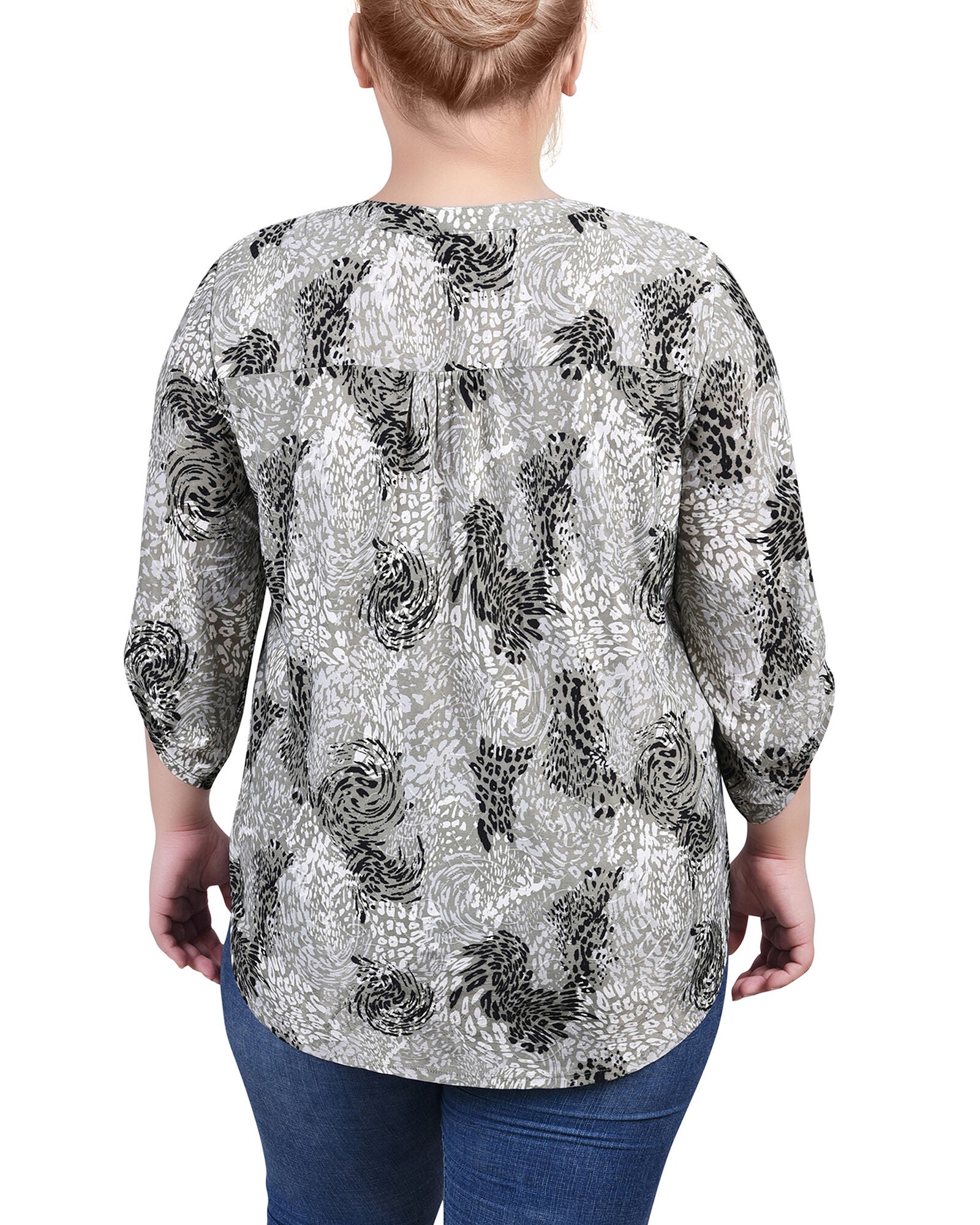 3/4 Roll Tab Sleeve Y Neck Top, , alternate image number 1