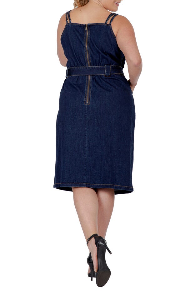Women's Plus Size Denim Blue Double Strap Casual Midi Dress, , alternate image number null