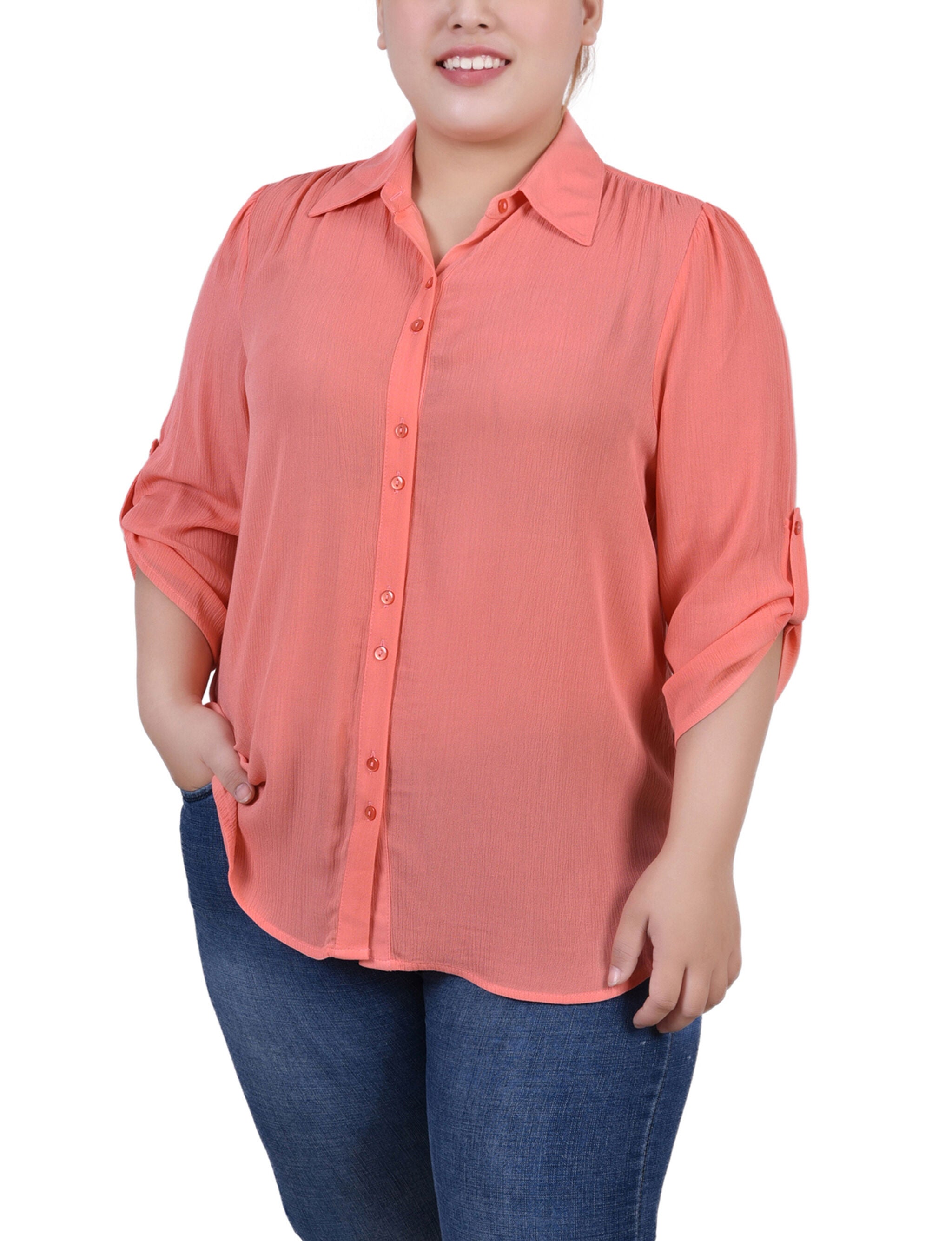 3/4 Sleeve Gauze Blouse, Coral, hi-res image number 0