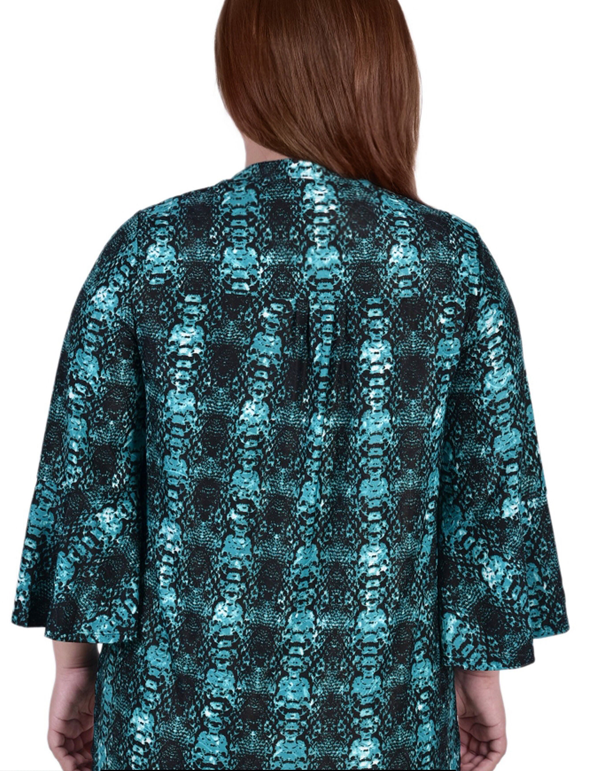 3/4 Bell Sleeve Pleat Front Y Neck Top, Teal Plaid, alternate image number 2
