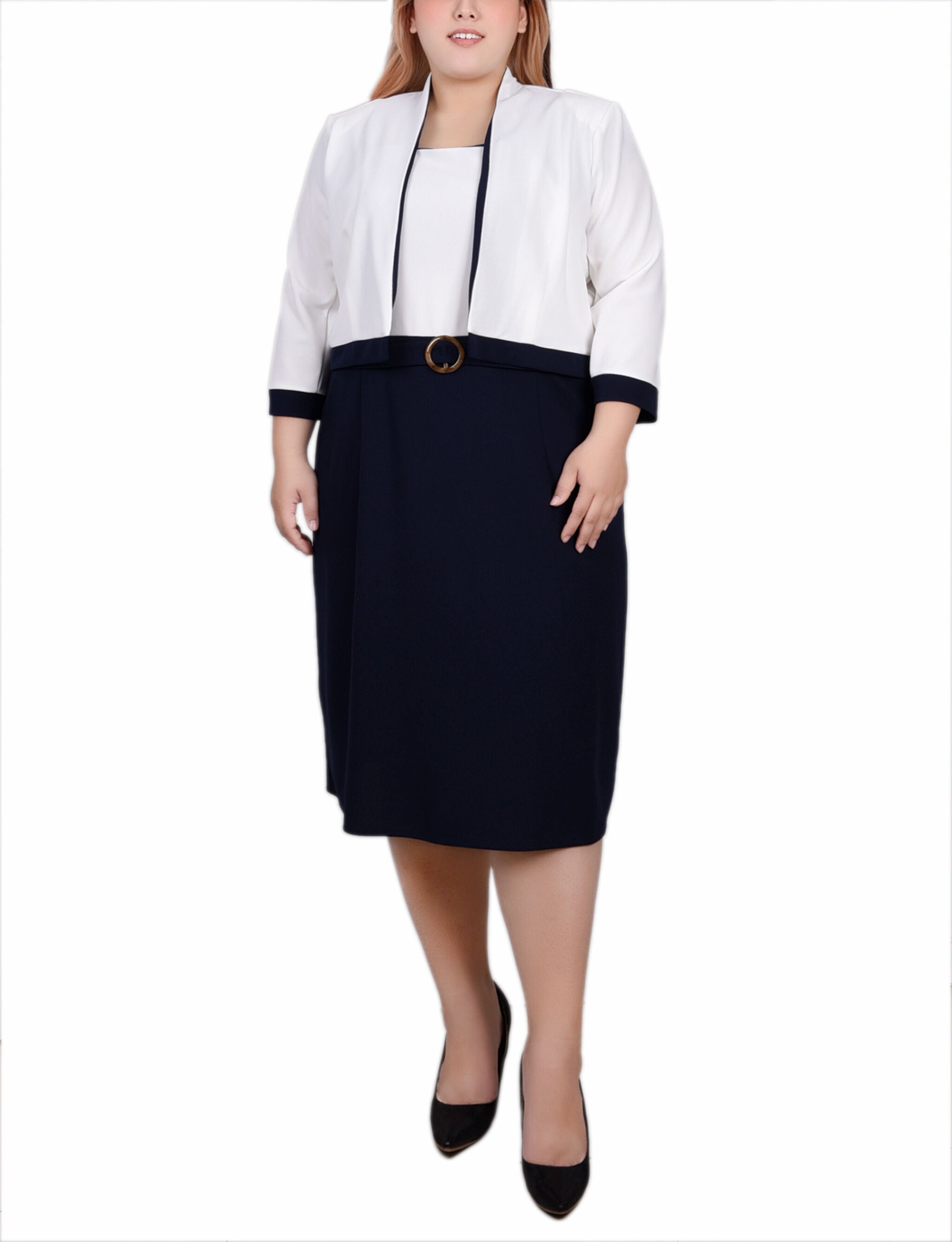 3/4 Sleeve 2 Piece Colorblocked Dress Set, Navy Ivory / blue, hi-res image number 0