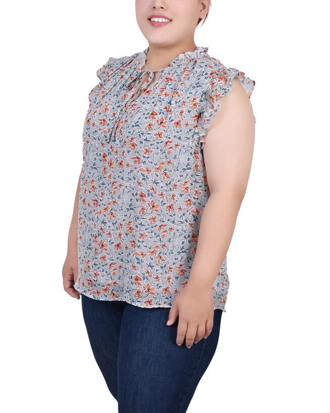 Ruffled Sleeve Blouse With Tie Closure, Blue Green Orange Floral, alternate image number 1
