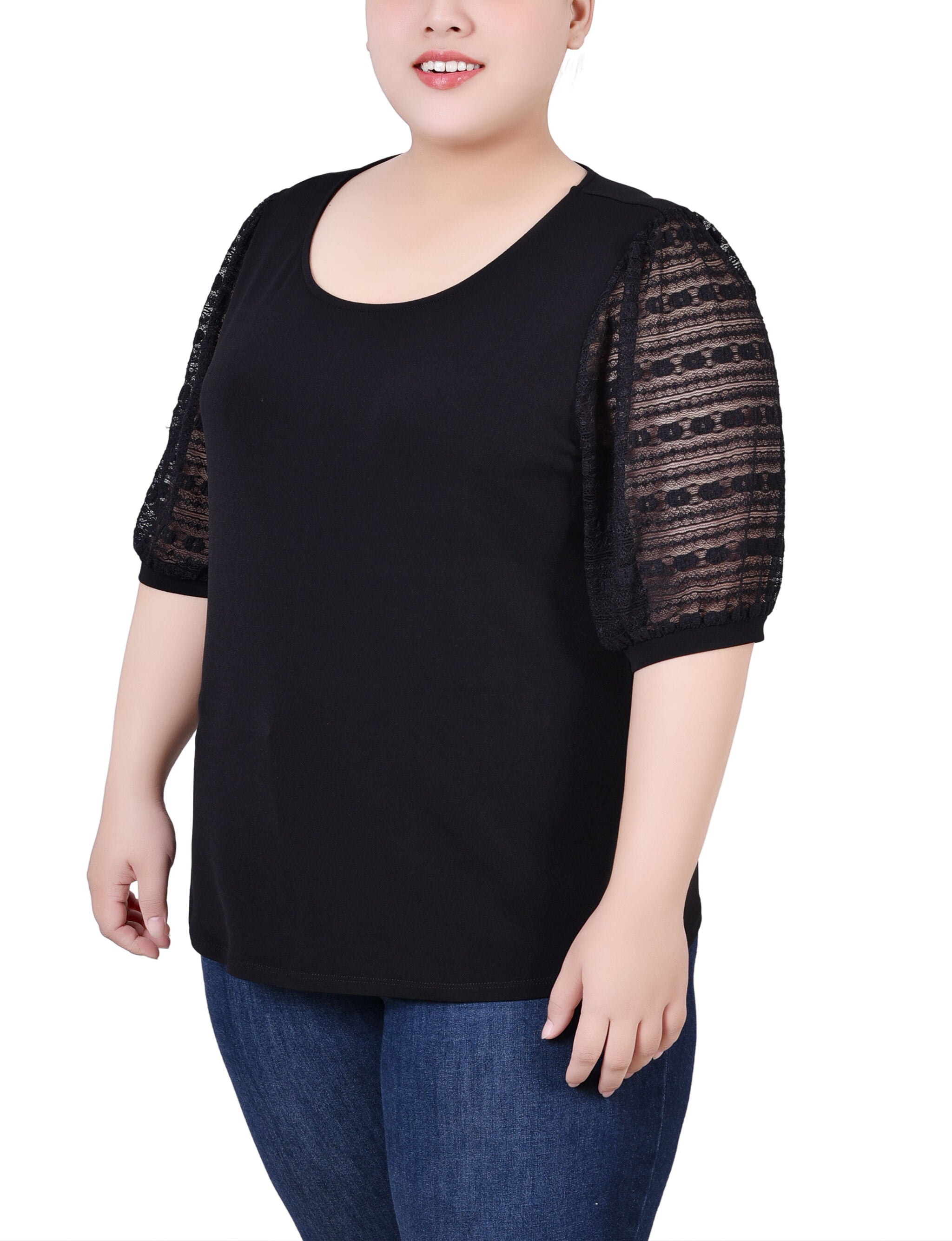 Short Burnout Sleeve Scoop Neck Top, Black, alternate image number 1