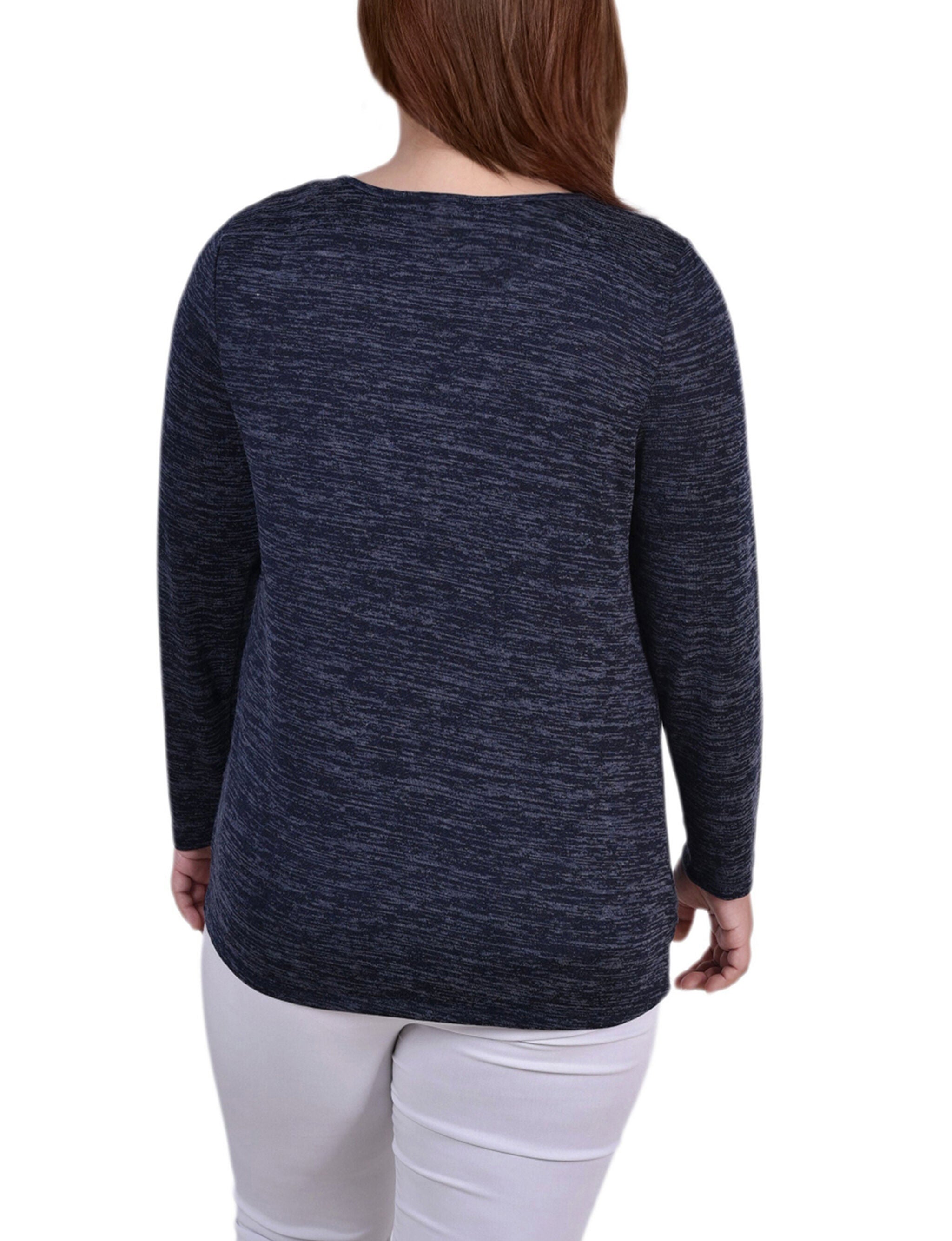 Plus Size Long Sleeve Knit Keyhole Top With Studs, Navy, alternate image number 3