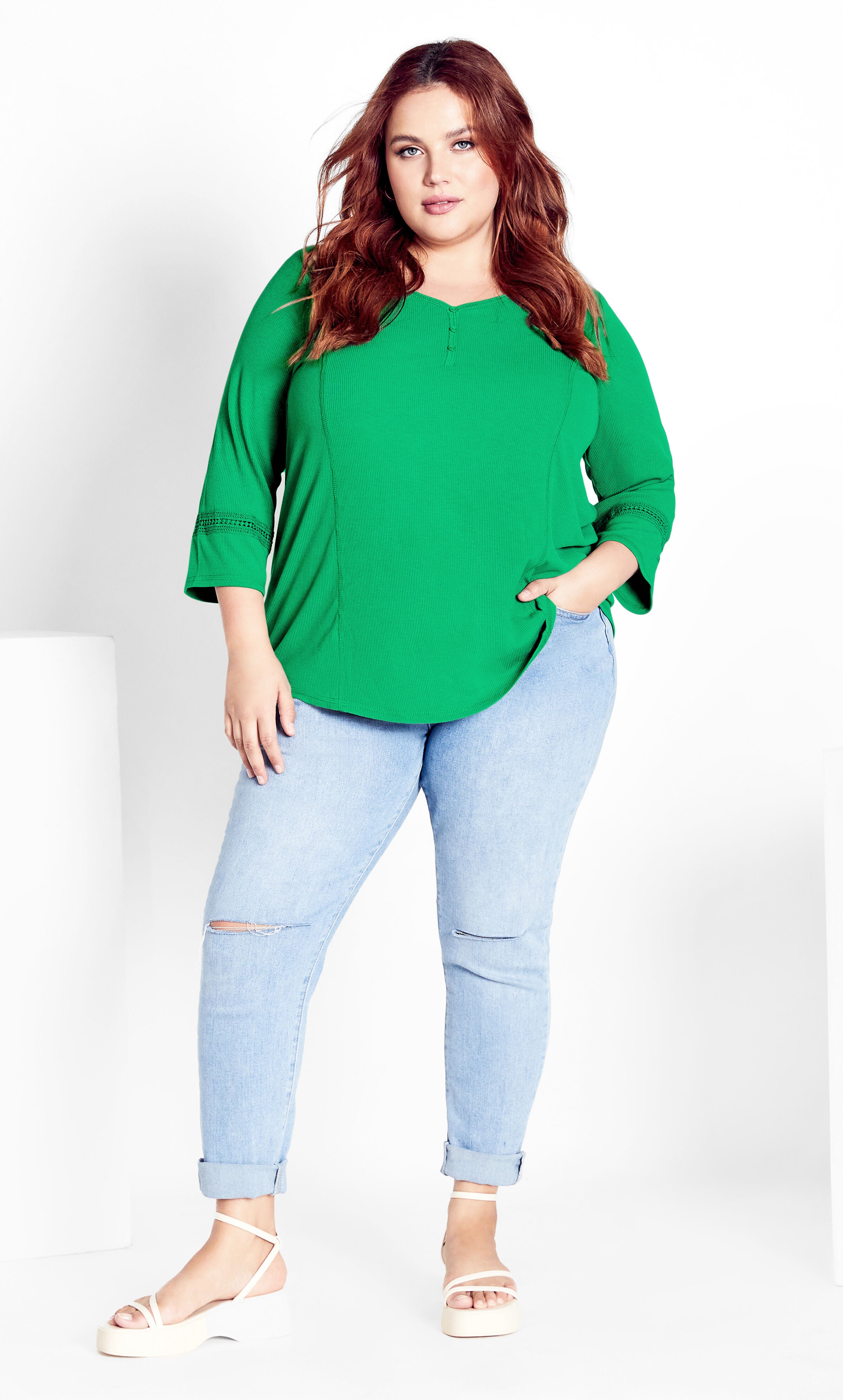 Rib Henley Top - green, , alternate image number 1