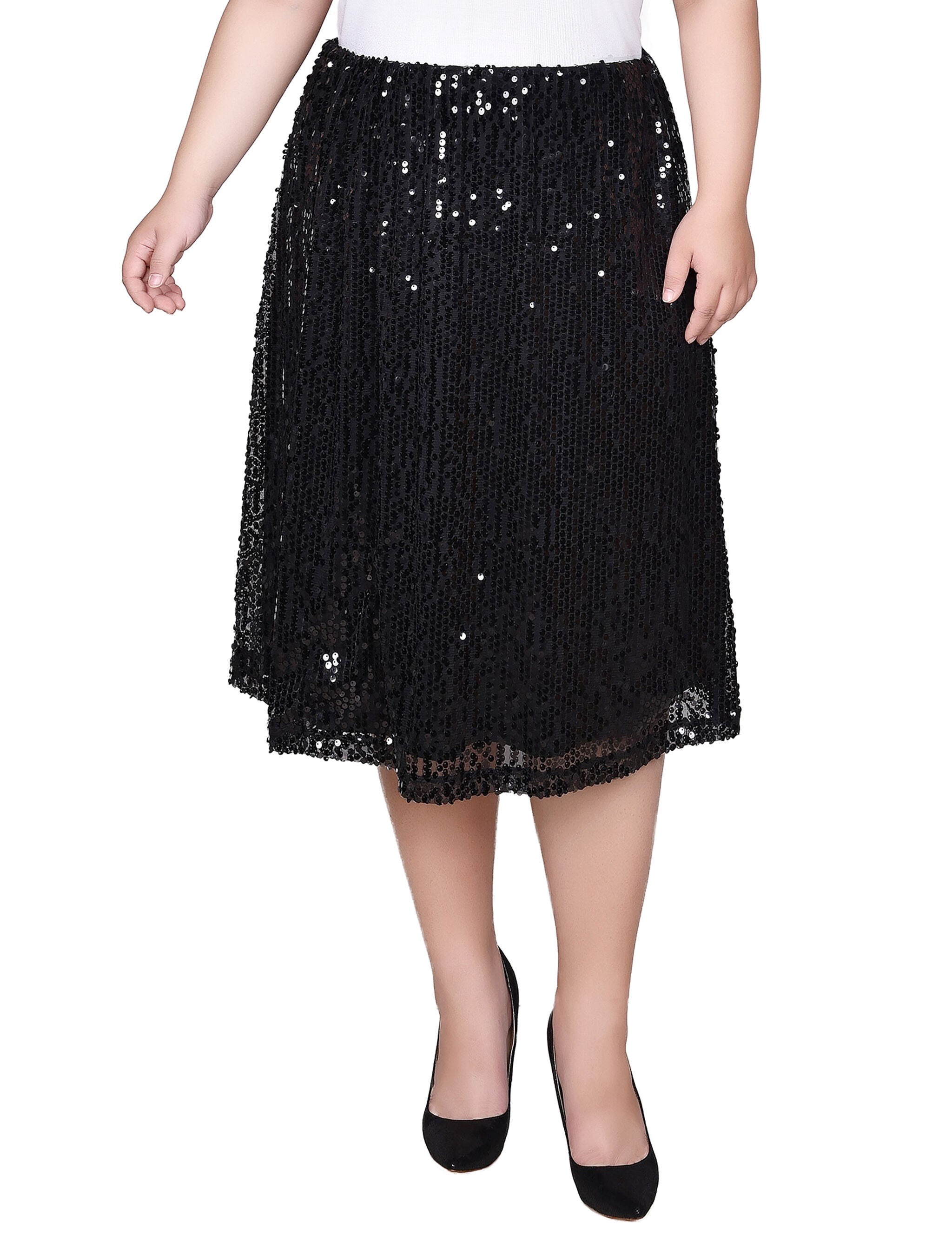 Knee Length Sequined Skirt, Black, hi-res image number 0