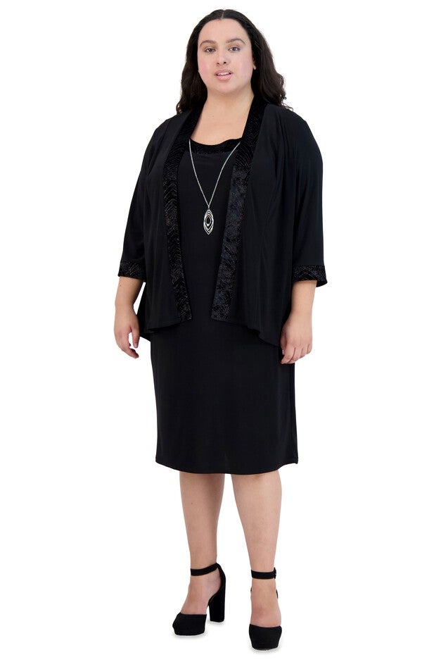 Two-Piece Banded Glitter Velvet Jacket and Dress Set - Plus, Black, hi-res image number null