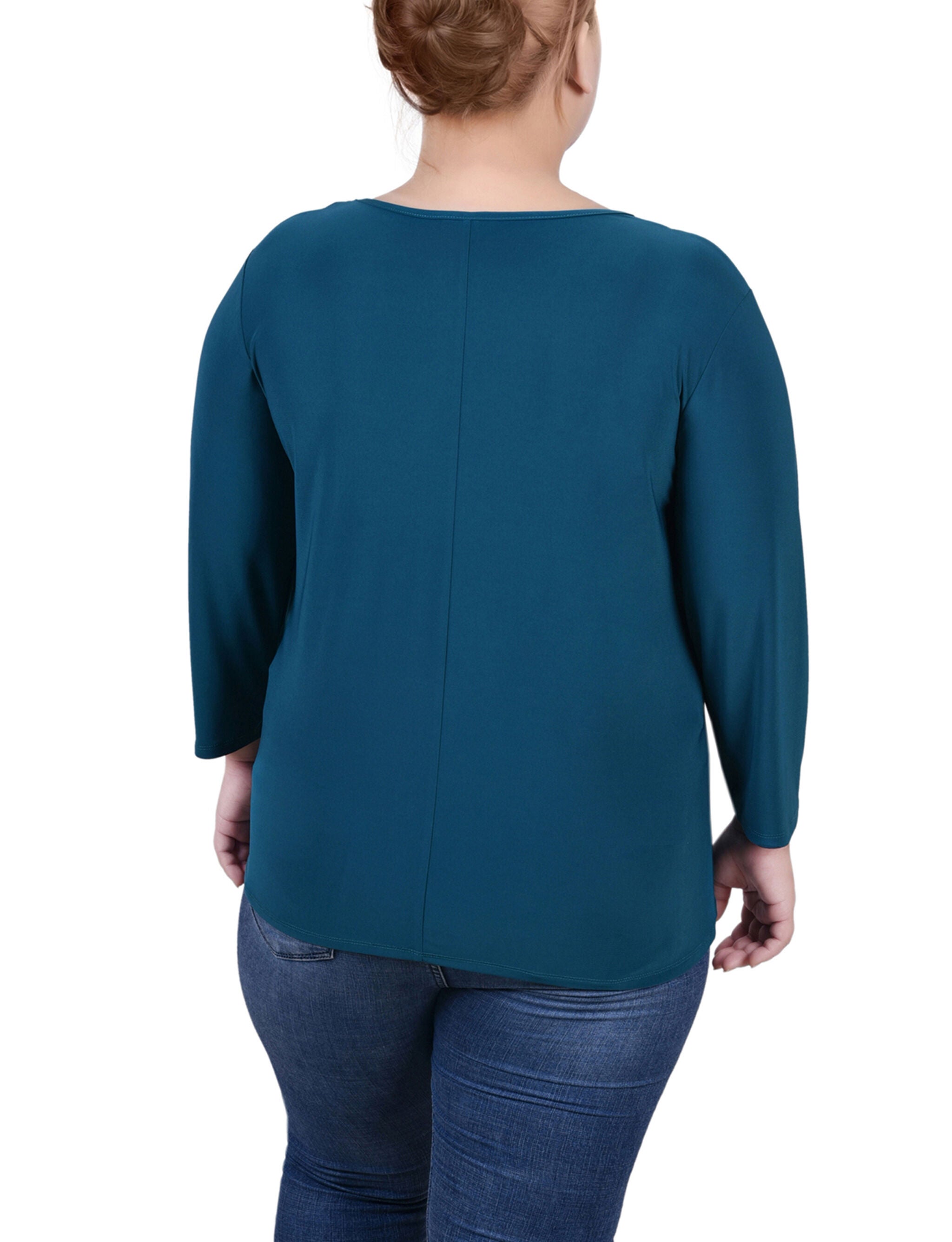 3/4 Sleeve Top With Illusion Neckline and Stones, Fanfare, alternate image number 2