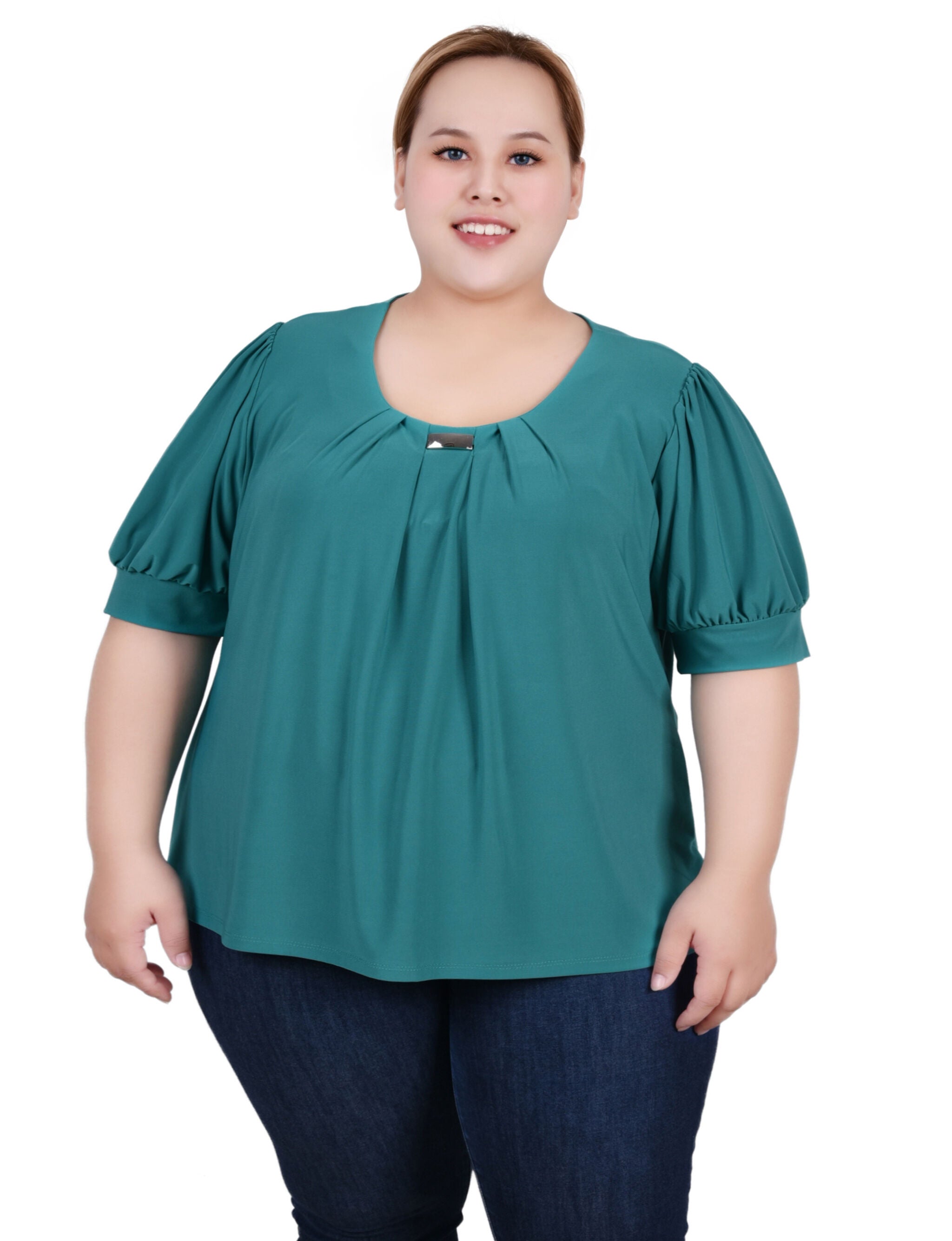 Short Sleeve Balloon Sleeve Top With Hardware, Emerald, hi-res image number 0