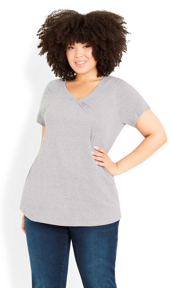 Gathered V Neck Cotton Top - gray, Grey, hi-res image number 0