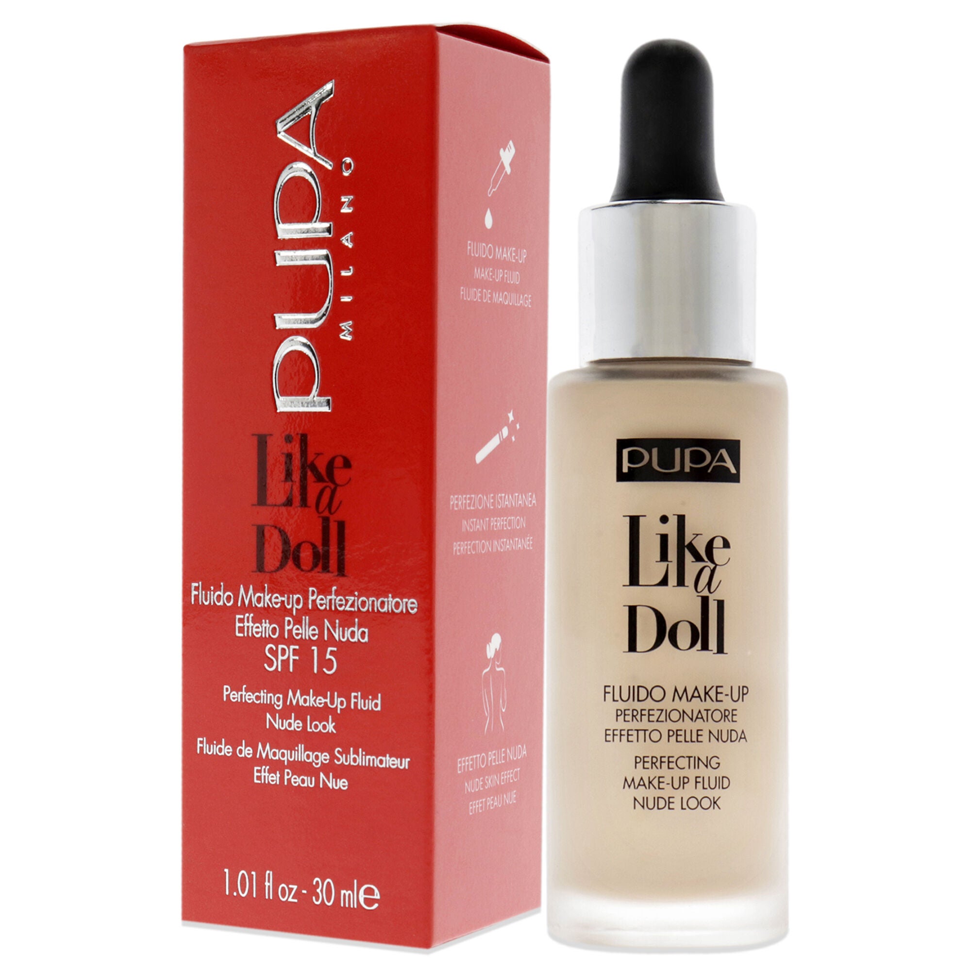 Like A Doll Perfecting Make-Up Fluid Nude Look Foundation SPF 15 - 020 Light Beige by Pupa Milano for Women - 1.01 oz Foundation, , alternate image number 7