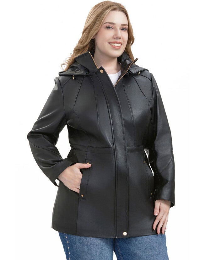 Elena Leather Parka Coat, Black, alternate image number 1