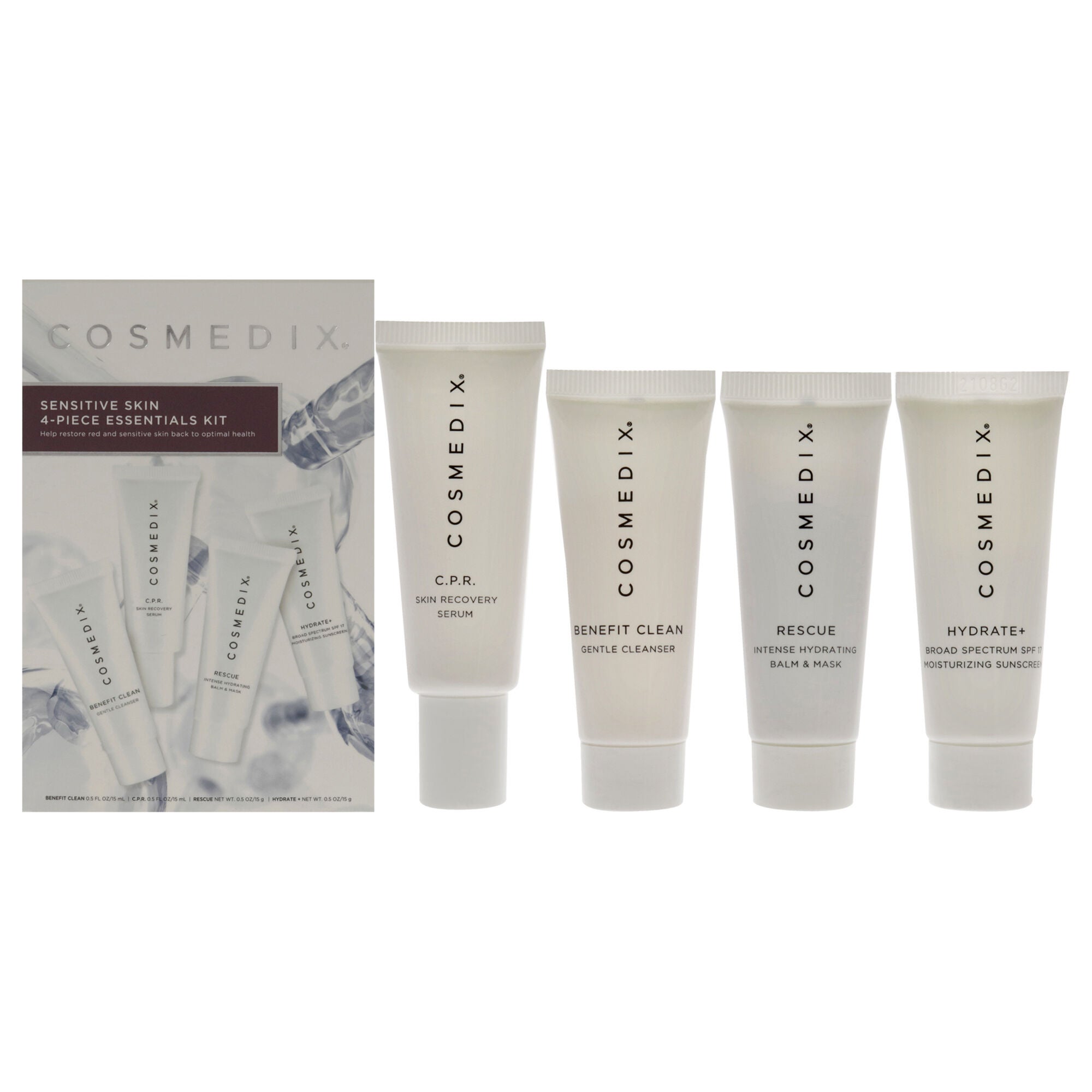 Sensitive Skin Essentials Kit by Cosmedix for Unisex - 4 Pc 0.5oz Benefit Clean, 0.5oz C.P.R., 0.5oz Rescue, 0.5oz Hydrate Plus, See Description, hi-res image number 0