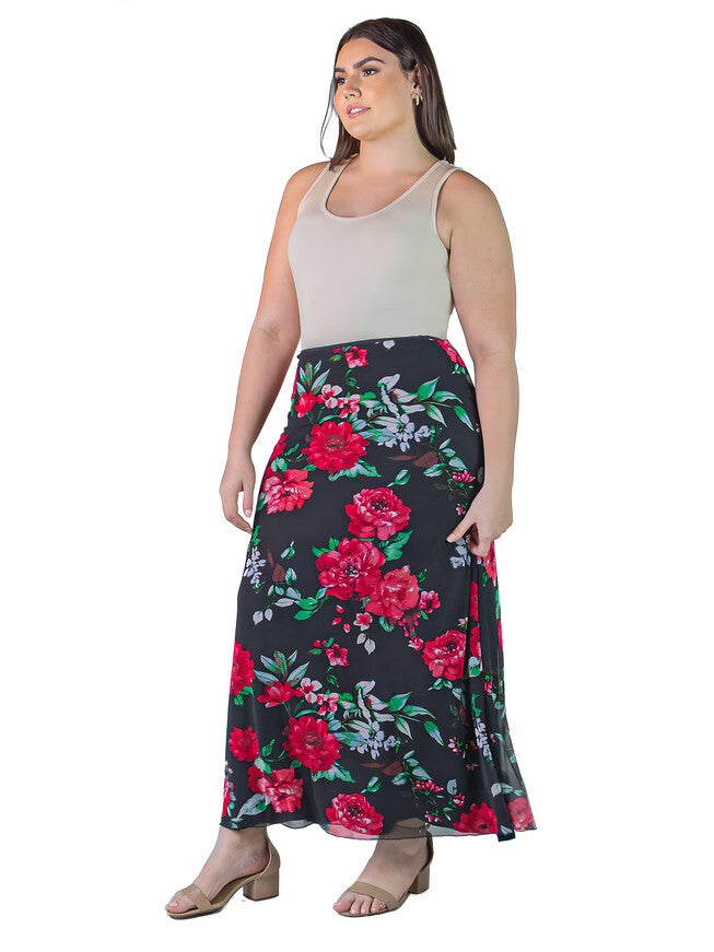 Plus Size Black and Red Floral Print Sheer Overlay Elastic Waist Maxi Skirt, , alternate image number 2