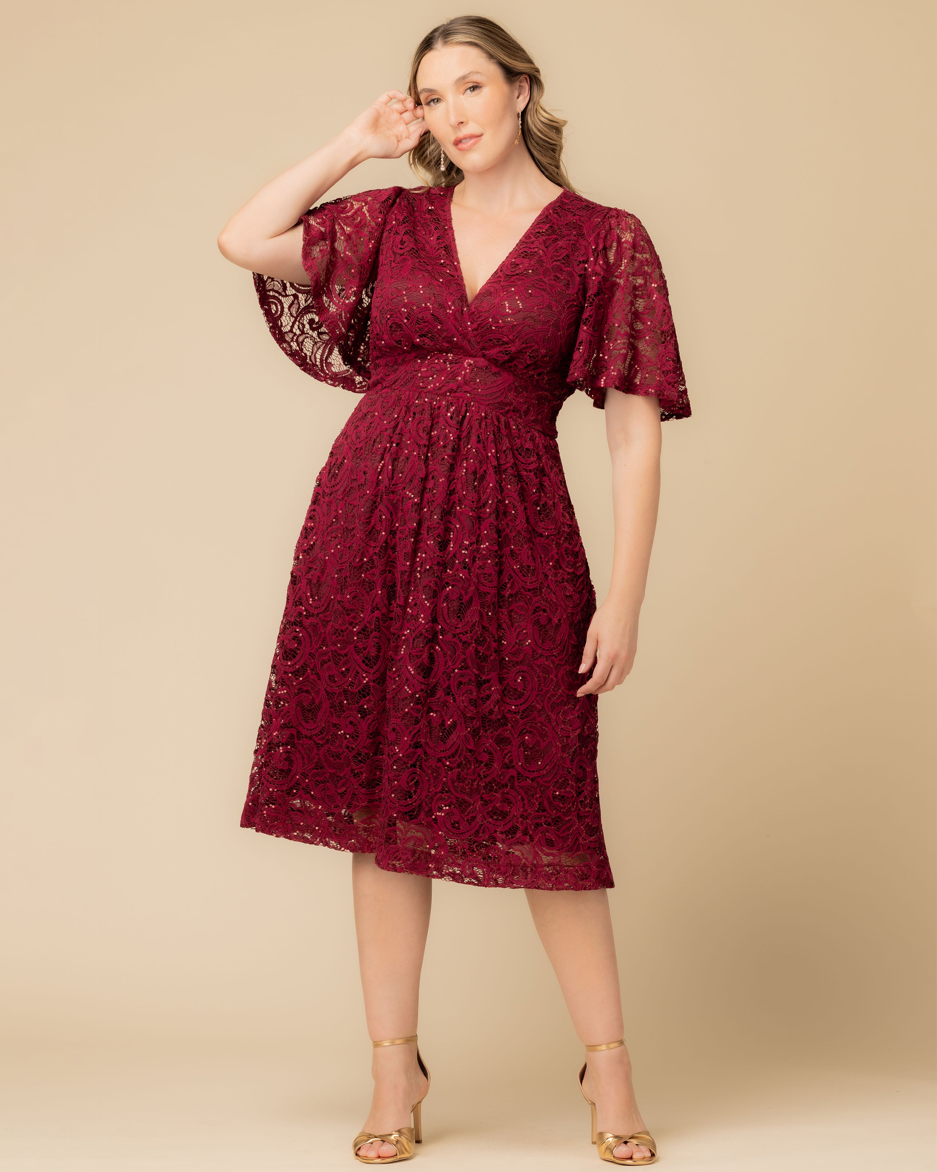 Starry Sequin Lace Cocktail Dress, PINOT NOIR / Burgundy, alternate image number 4