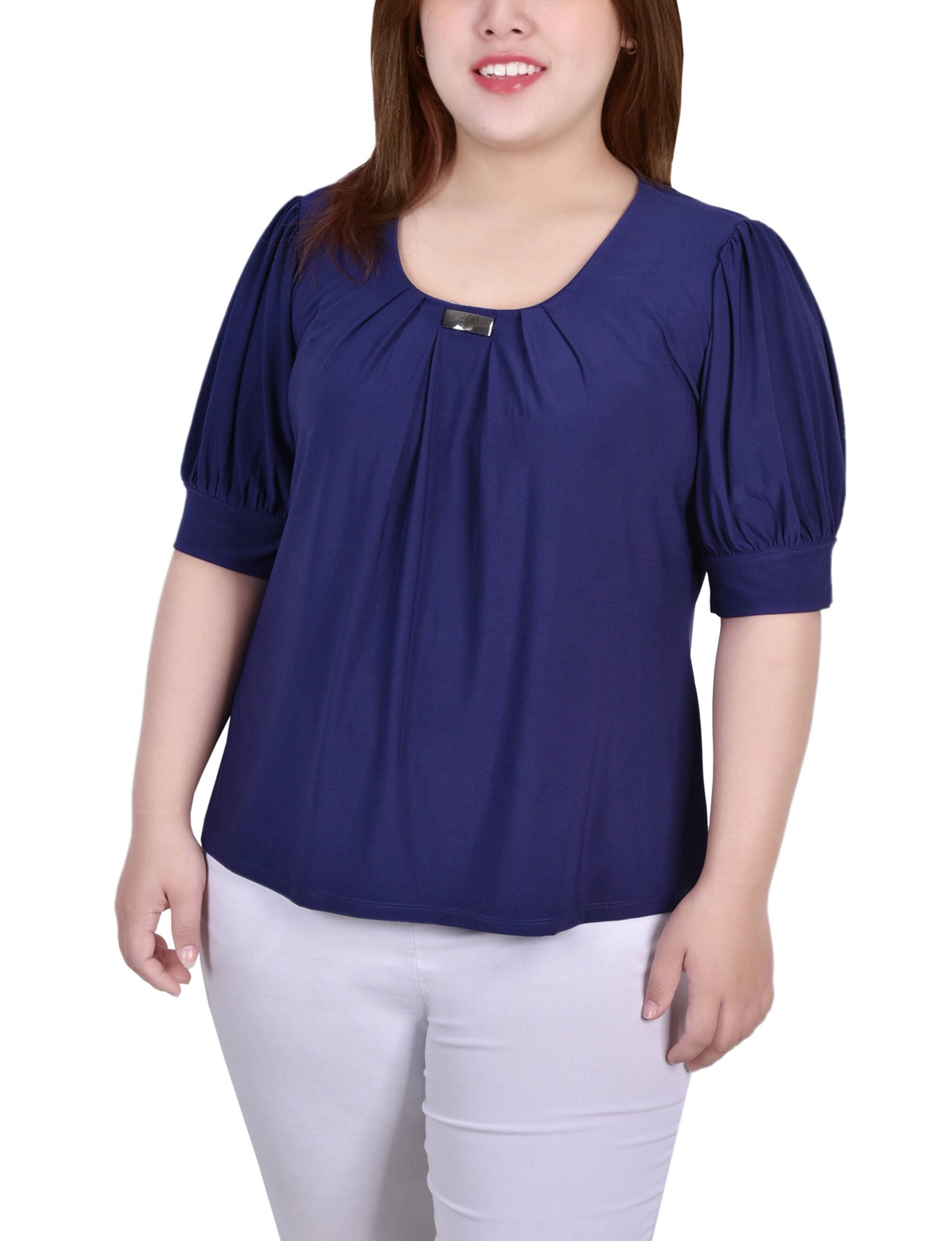 Short Sleeve Balloon Sleeve Top With Hardware, Patriot Blue, hi-res image number 0