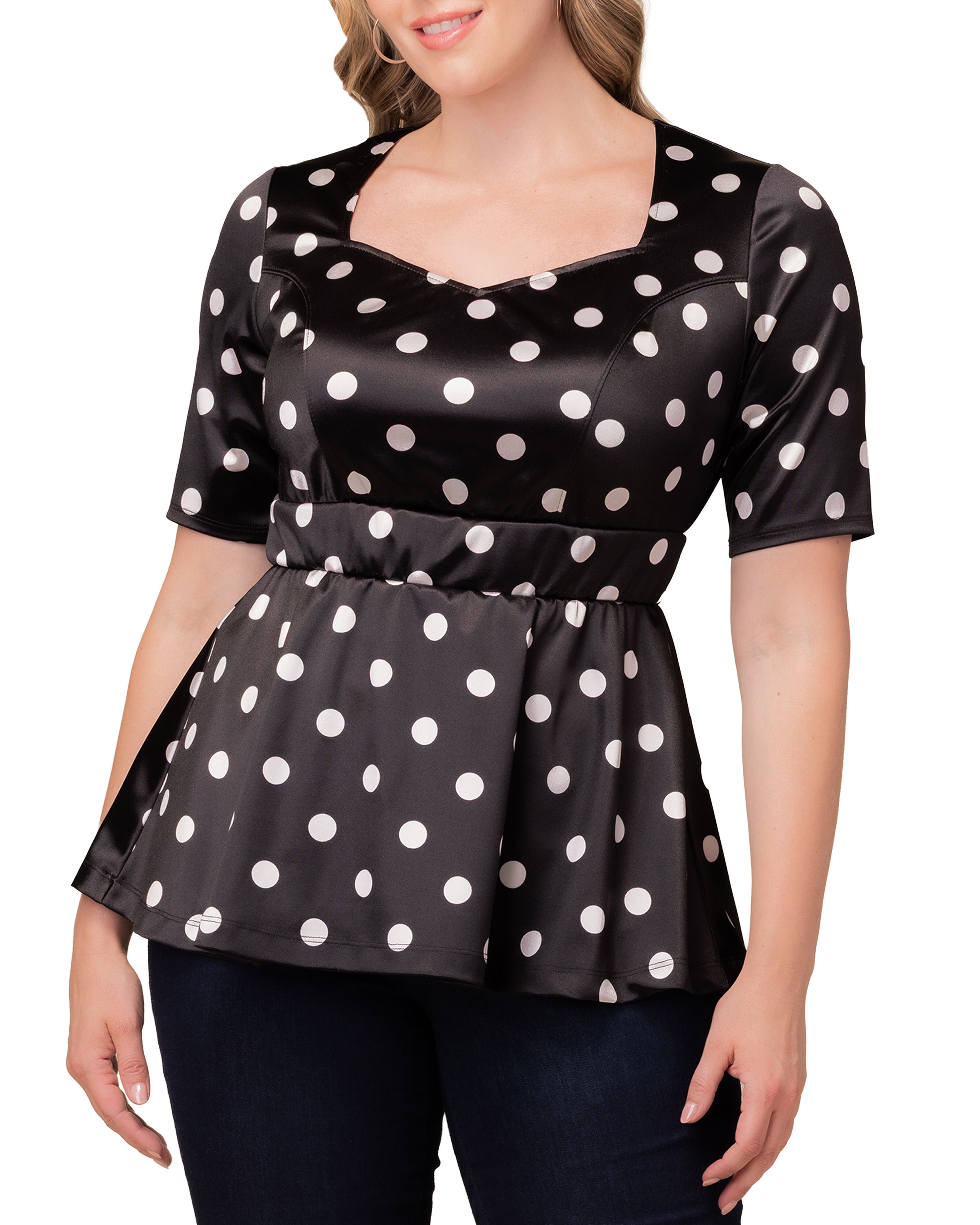 Posh Peplum Top, BLACK POLKA DOT / Black, alternate image number 2