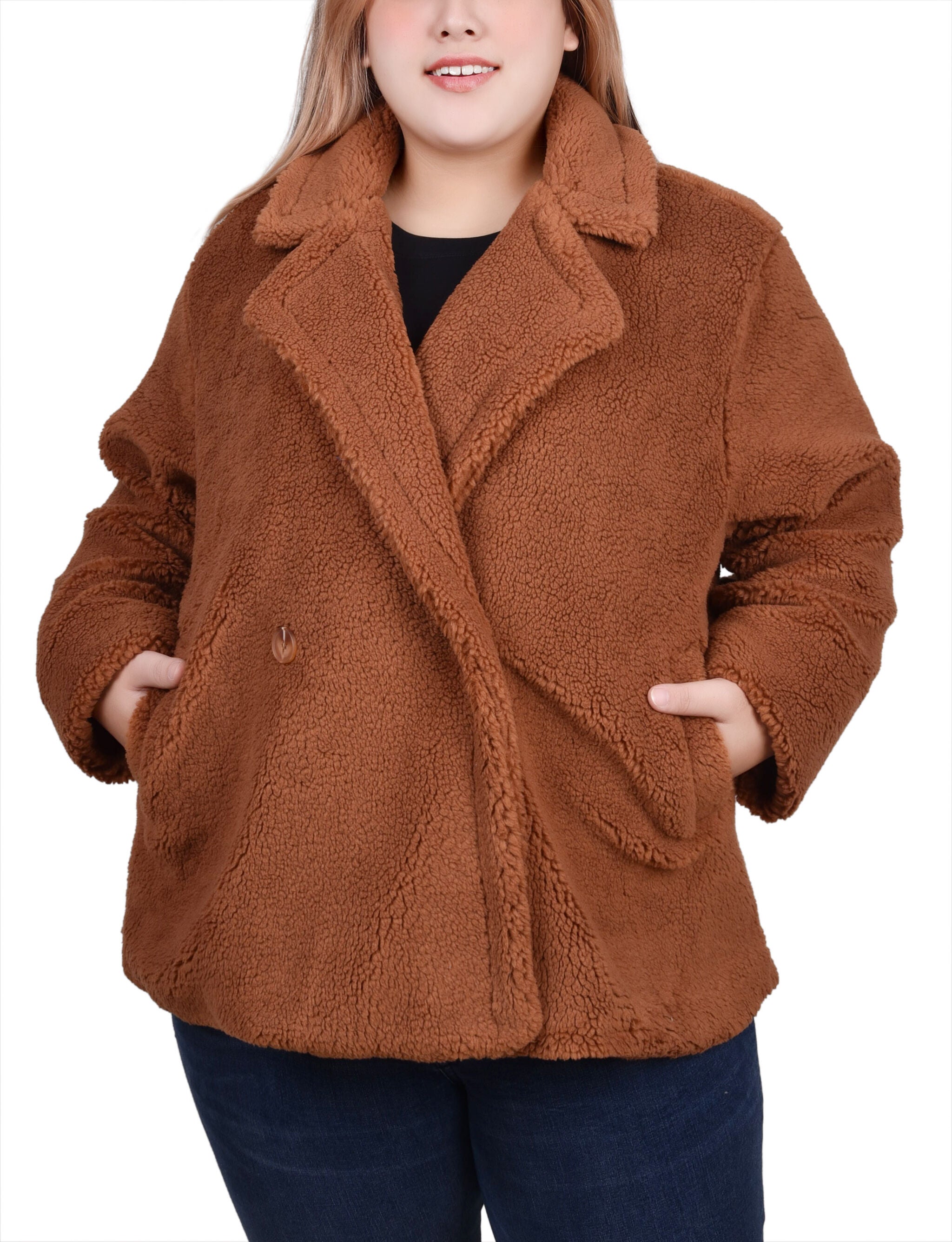 Long Sleeve Double Breasted Sherpa Jacket, Toast / orange, hi-res image number 0