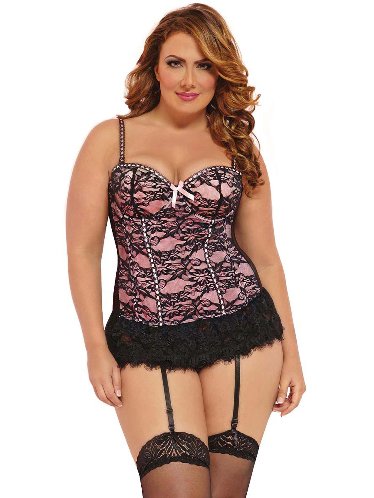 Lace Overlay and Ribbon Bustier, Pink, hi-res image number 0