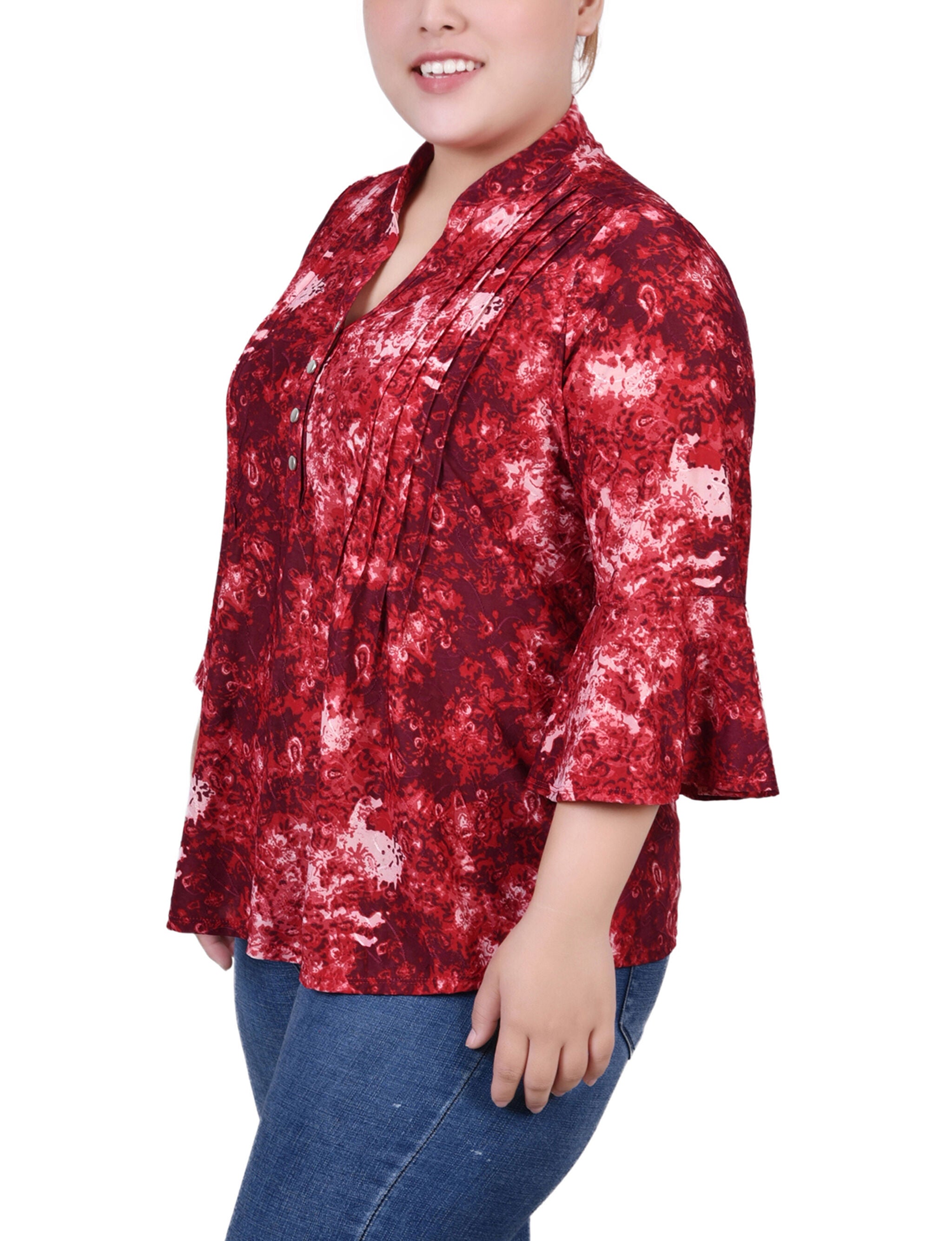 3/4 Sleeve Overlapped Bell Sleeve Y Neck Top, Black Red Geobreeze, alternate image number 1