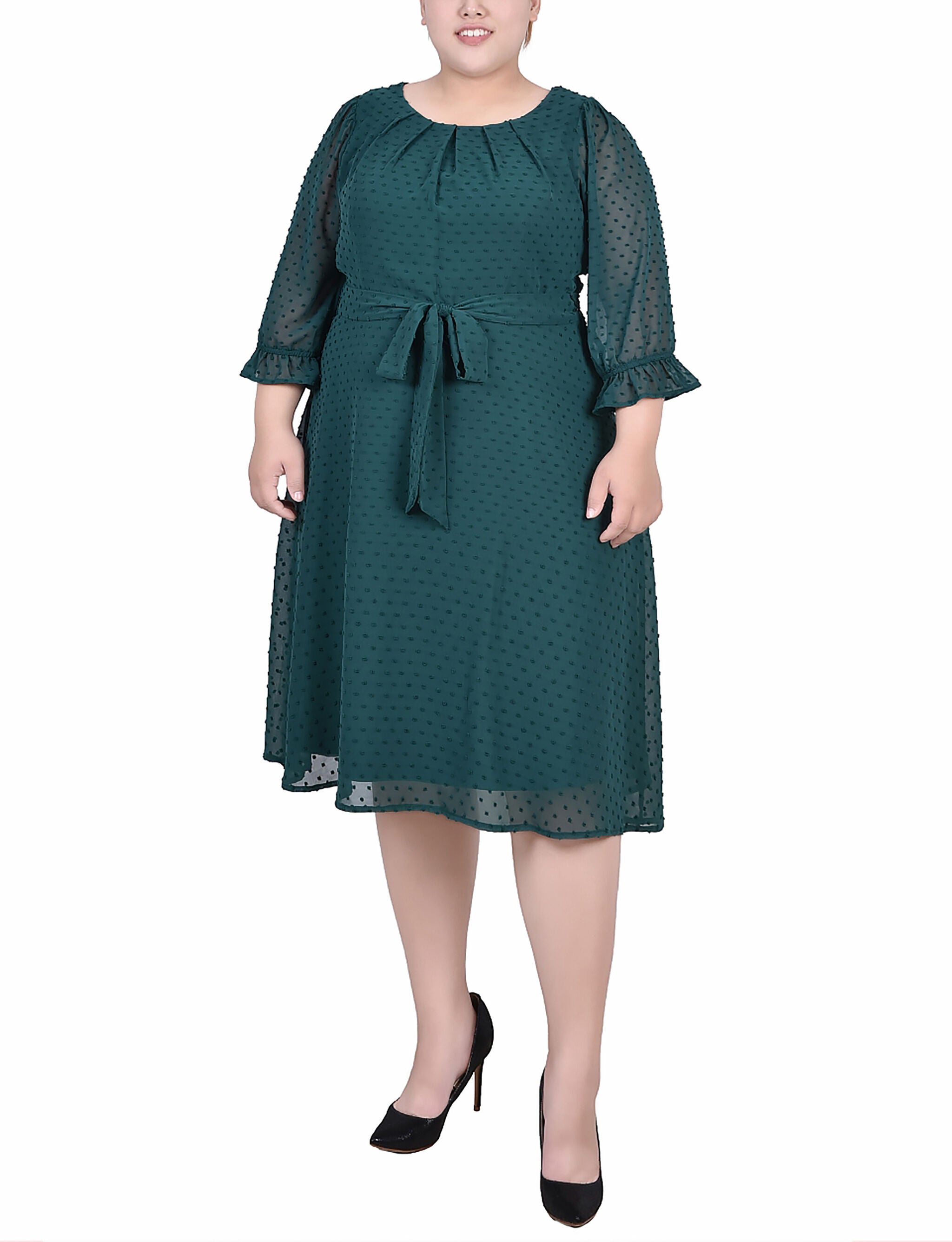 3/4 Sleeve Belted Swiss Dot Dress, Botanical Garden, hi-res image number 0