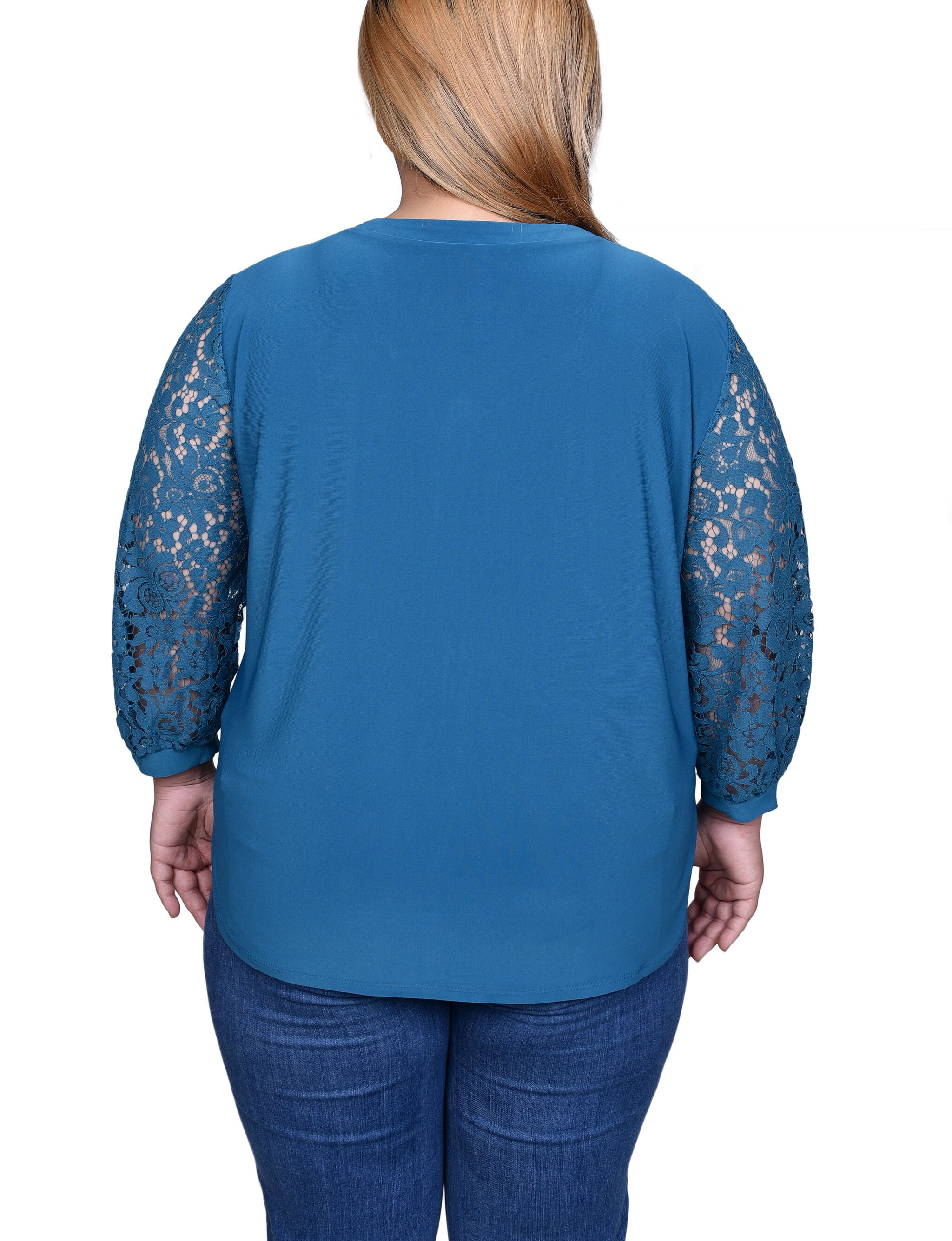 Lace-Sleeve V Neck Top, Corsair, alternate image number 1