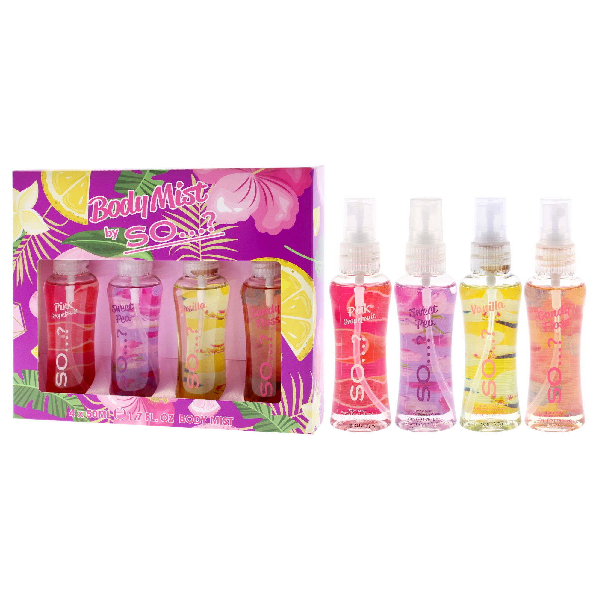 Body Mist Set by So?? - 4 Pc 1.7oz Body Mist - Pink Grapefruit, 1.7oz Body Mist - Sweet Pea, 1.7oz Body Mist - Vanilla, 1.7oz Body Mist - Candy Floss, See Description, alternate image number 3