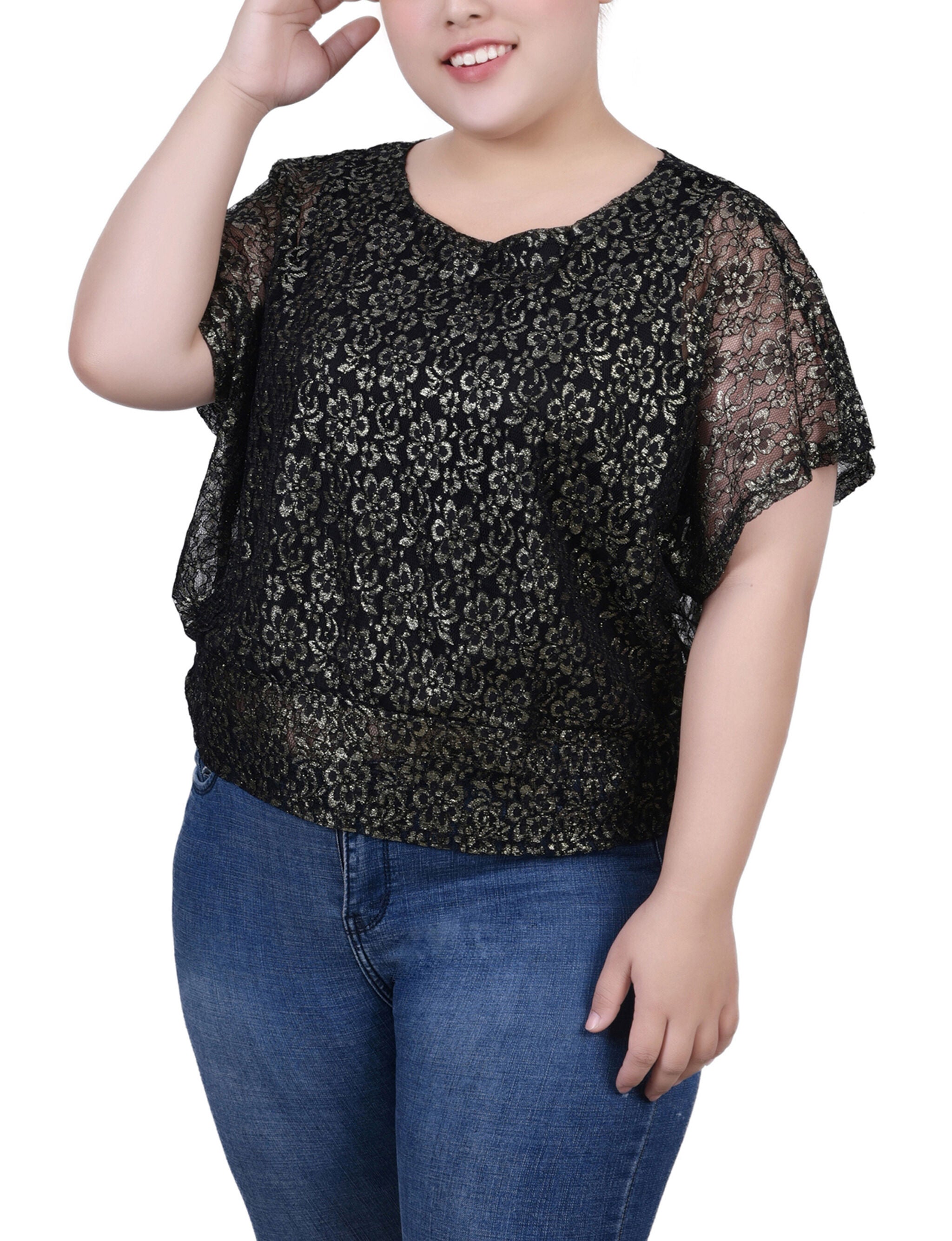 Foil Lace Poncho With Smocked Waist, Gold Black, hi-res image number 0