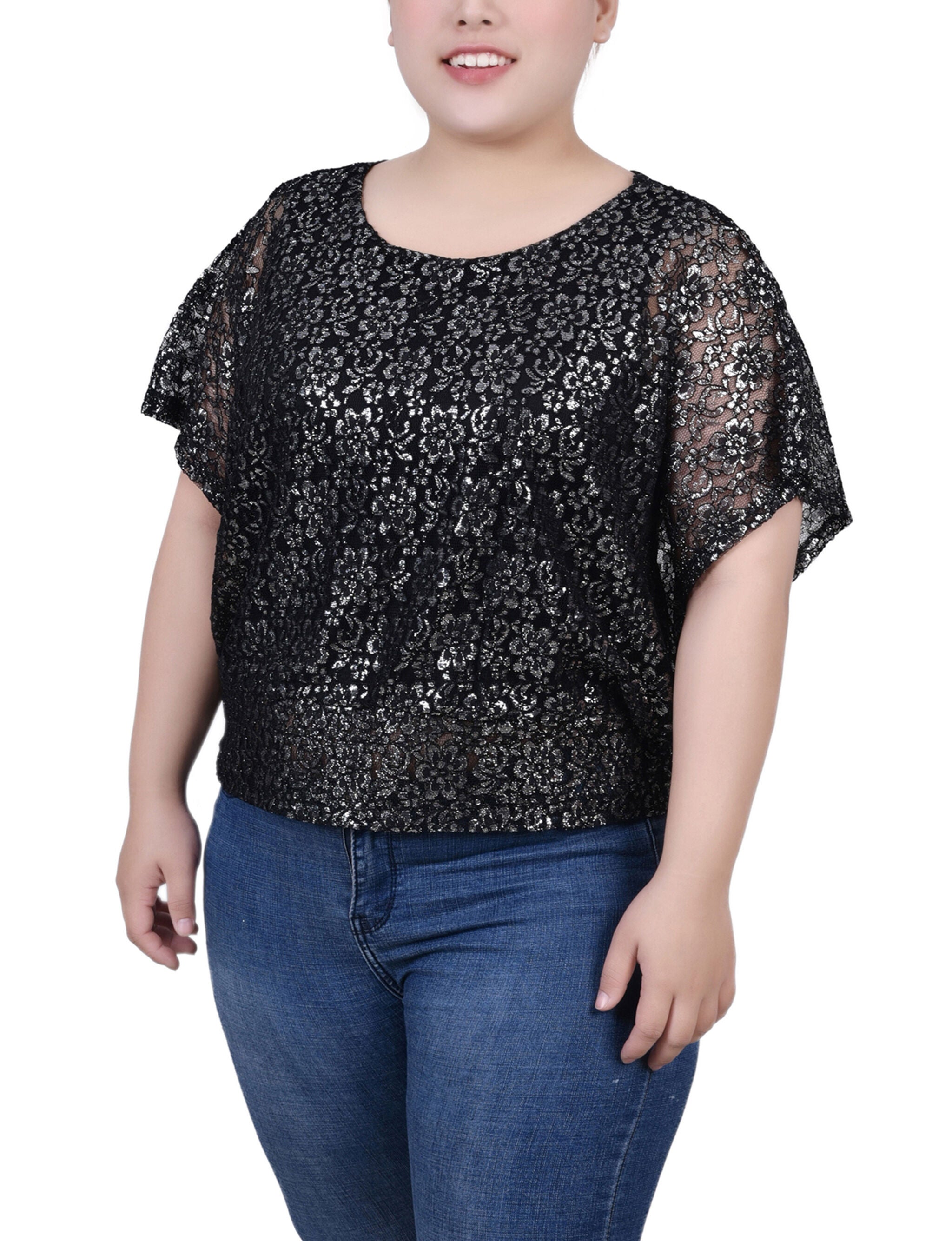 Foil Lace Poncho With Smocked Waist, Silver Black, hi-res image number 0