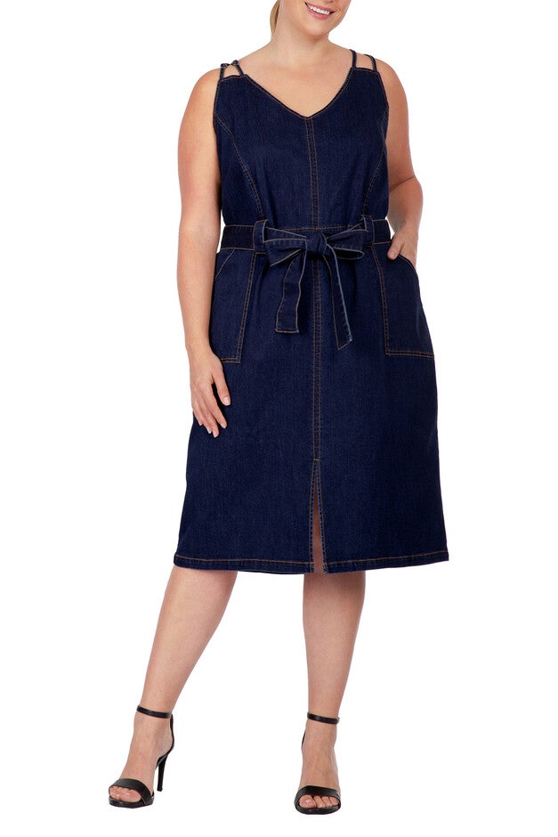 Women's Plus Size Denim Blue Double Strap Casual Midi Dress, Indigo Rinse, hi-res image number null