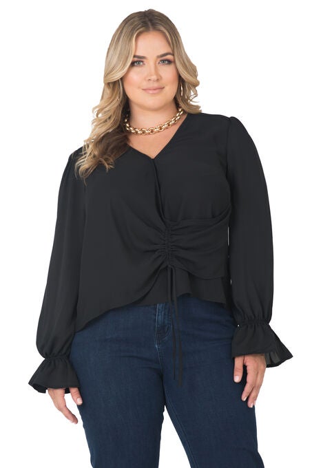 Women's Plus Size Long Flute Sleeve Surplice Neckline Wrap Blouse, Black, hi-res image number null
