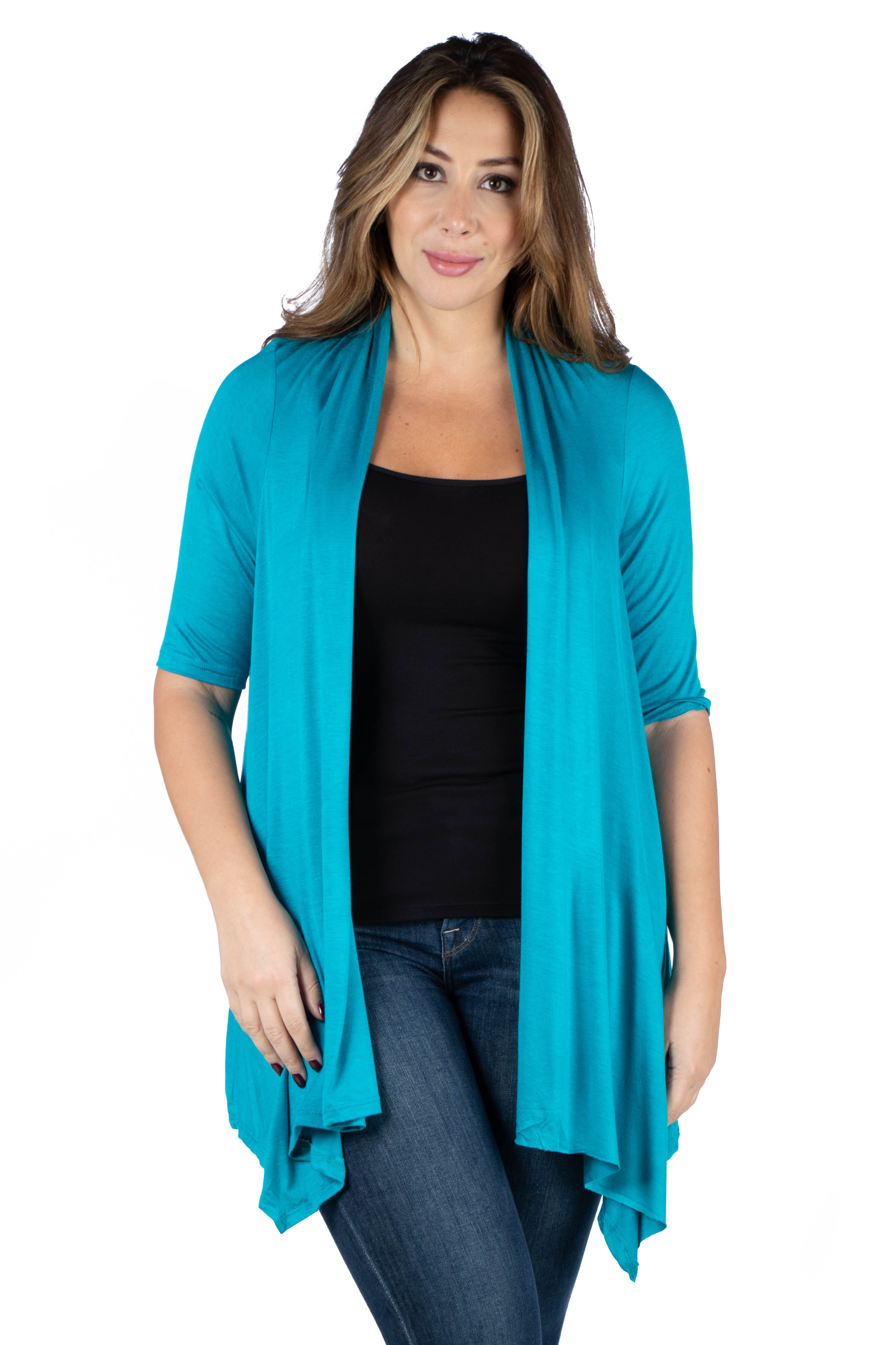 Elbow Length Sleeve Open Front Plus Size Cardigan, Jade, hi-res image number 0