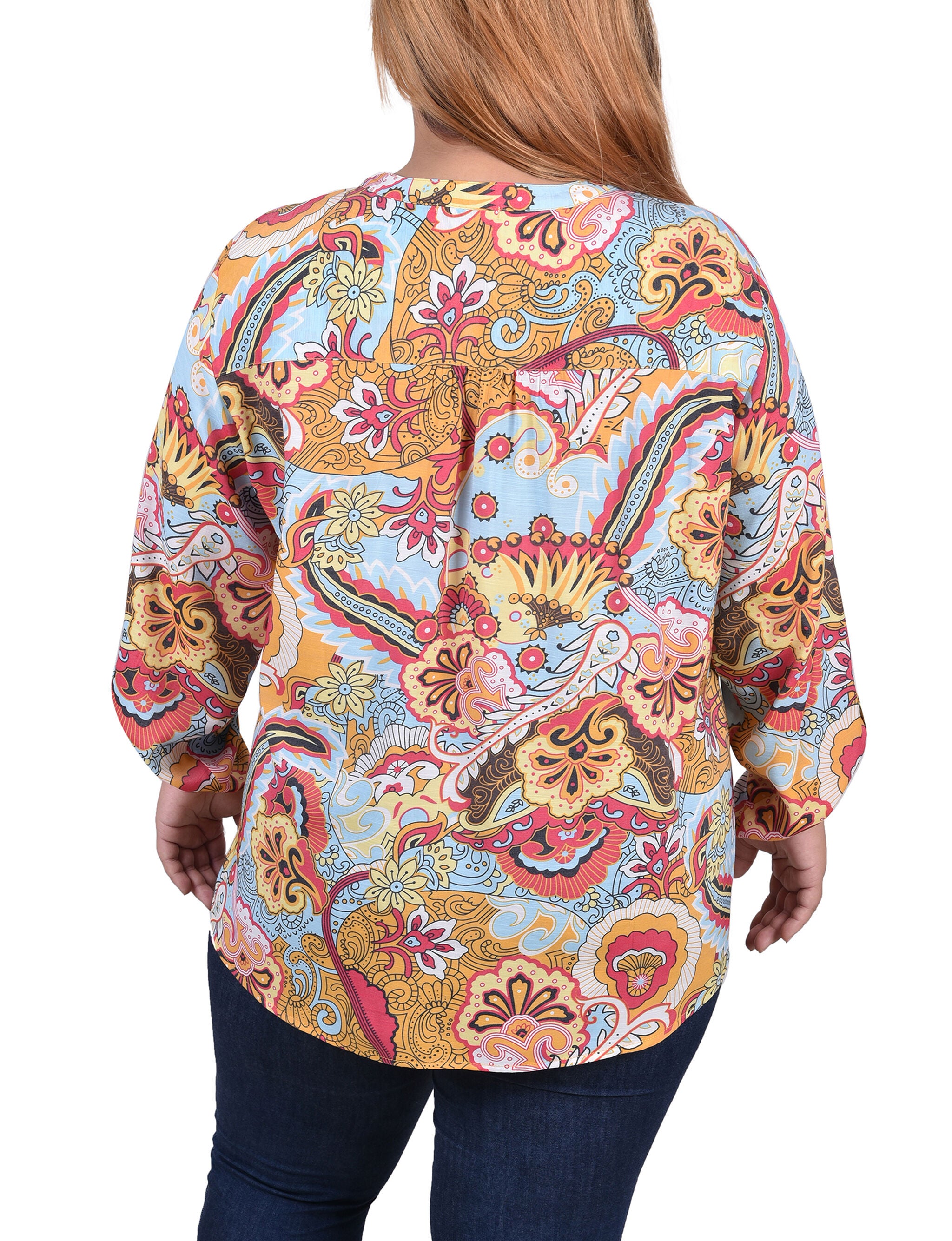 Long Roll Tab Sleeve Pintuck Front Blouse, Blue Orange Floral Paisley, alternate image number 2