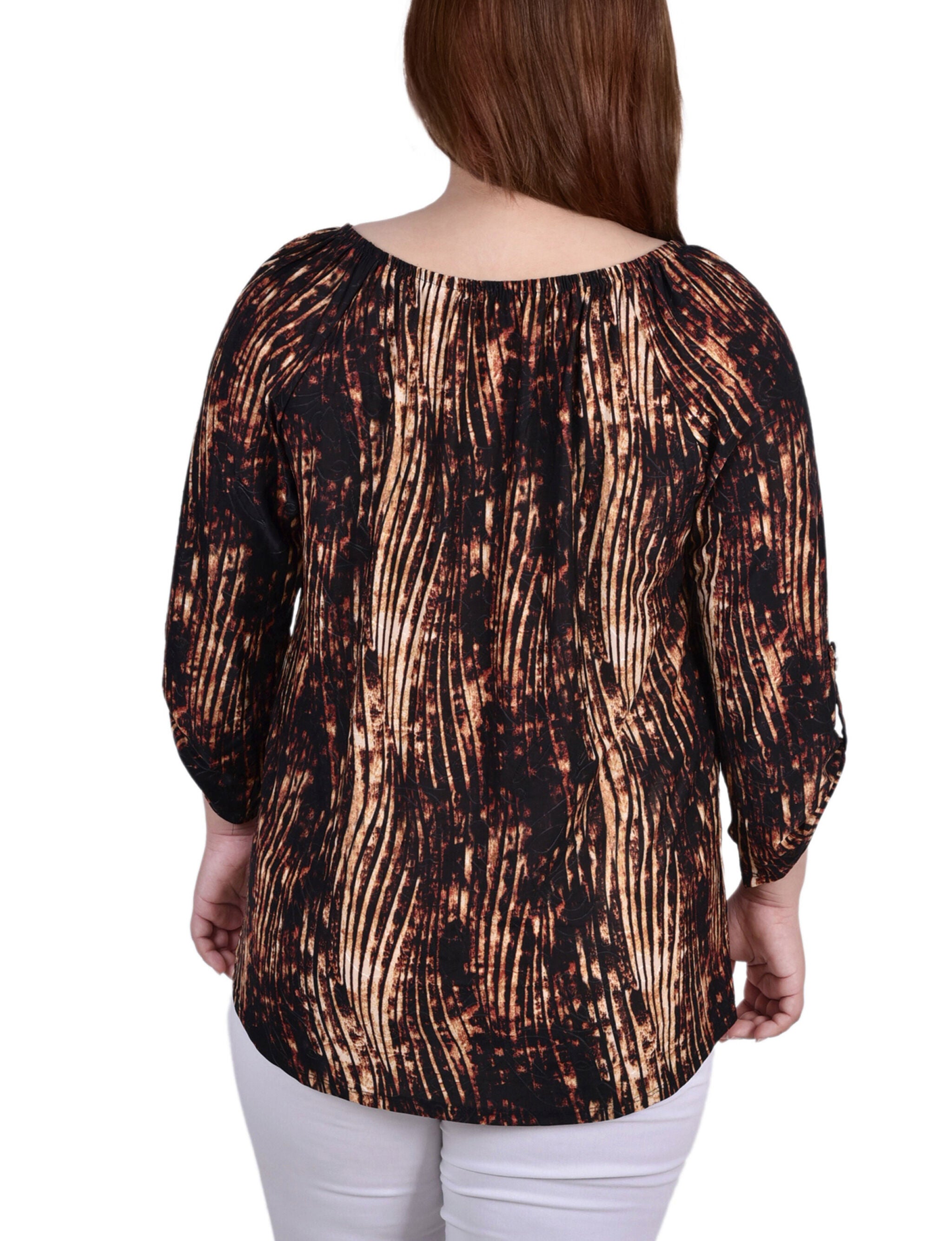 3/4  Sleeve Round Neck Top, Brown Swirlbreeze, alternate image number 2
