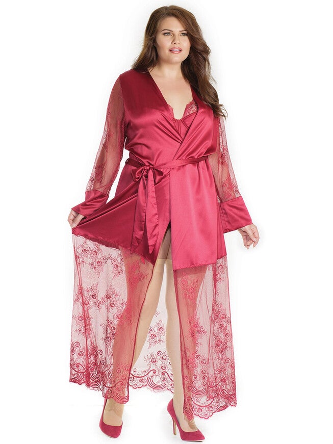 Long Satin Lace Sheer Robe, Merlot, hi-res image number null
