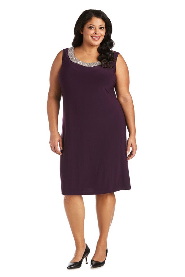 Knee-Length Dress with Beaded Neckline and Soft Jacket with Sheer Sleeves, , alternate image number null