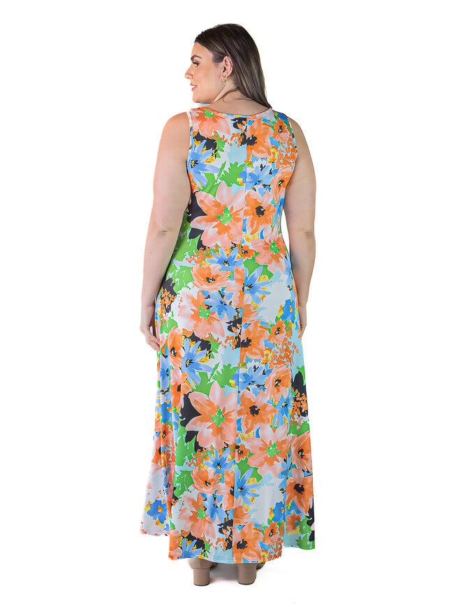 Plus Size Watercolor Floral Sleeveless Loose Long Casual Maxi Dress, , alternate image number 1